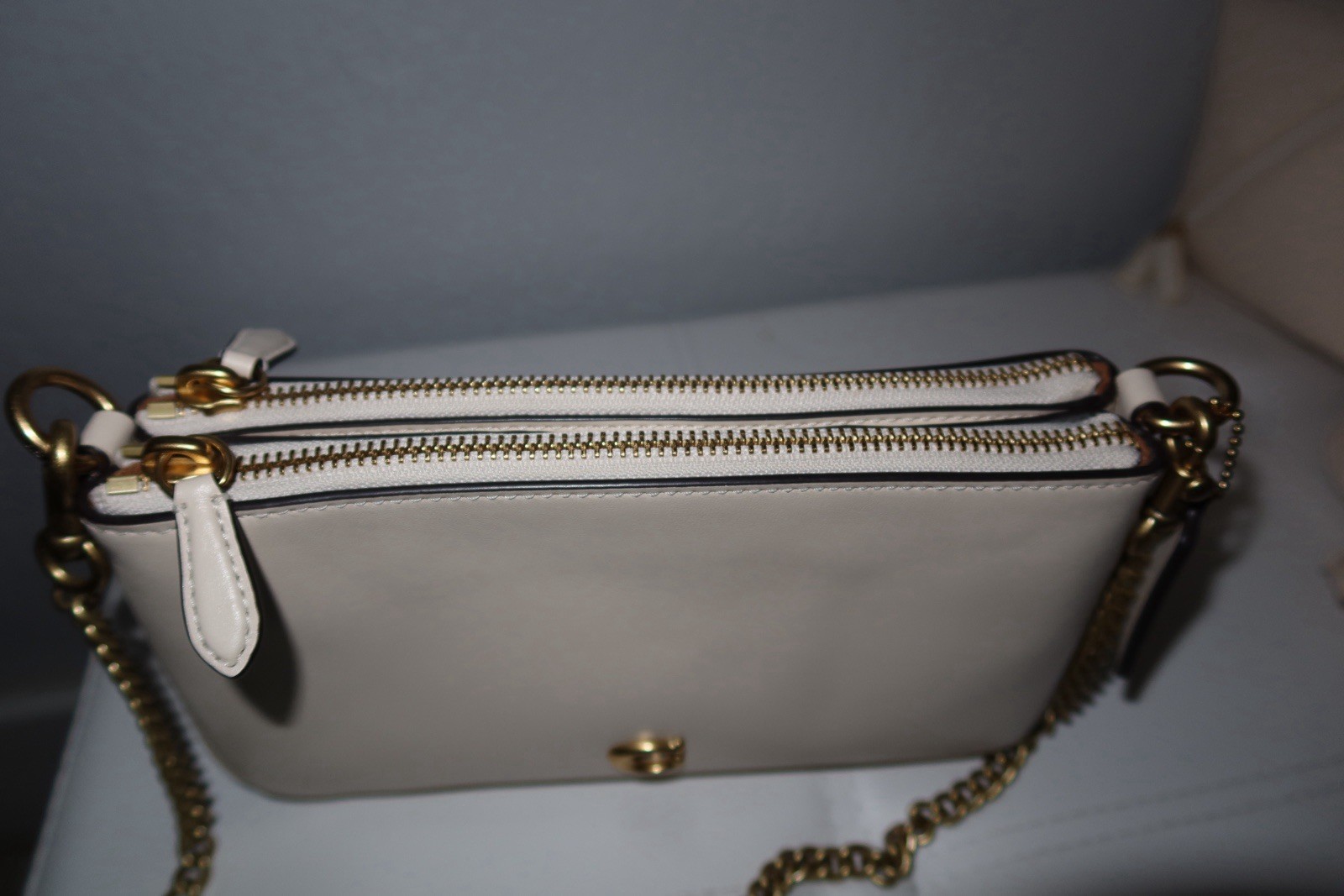 Coach Beige Small Shoulder Bag Double Zip with Gold Chain Strap & Dust Bag