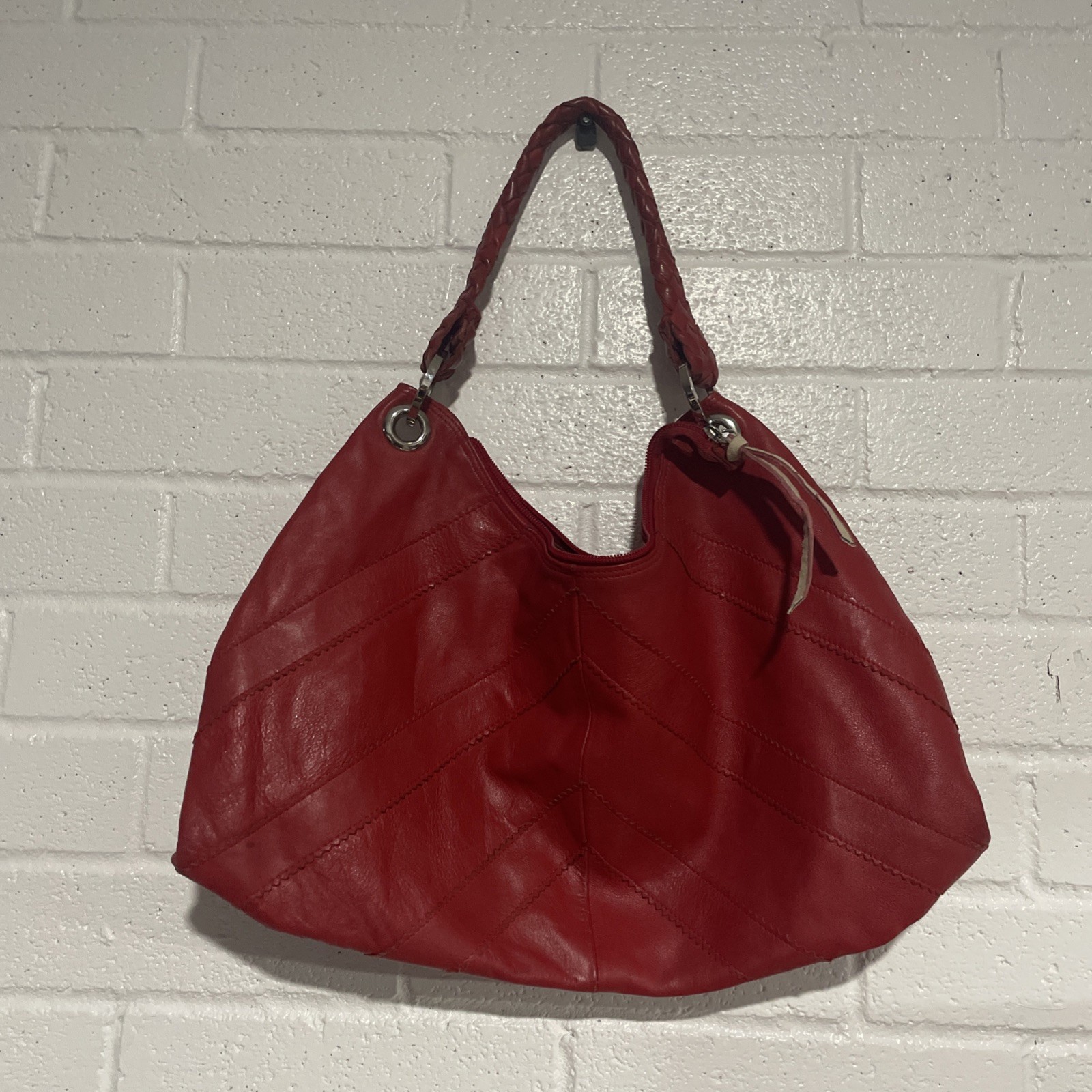 Falor Red Woven Handle Leather Women’s Tote Bag Slouchy Shoulder Bag READ