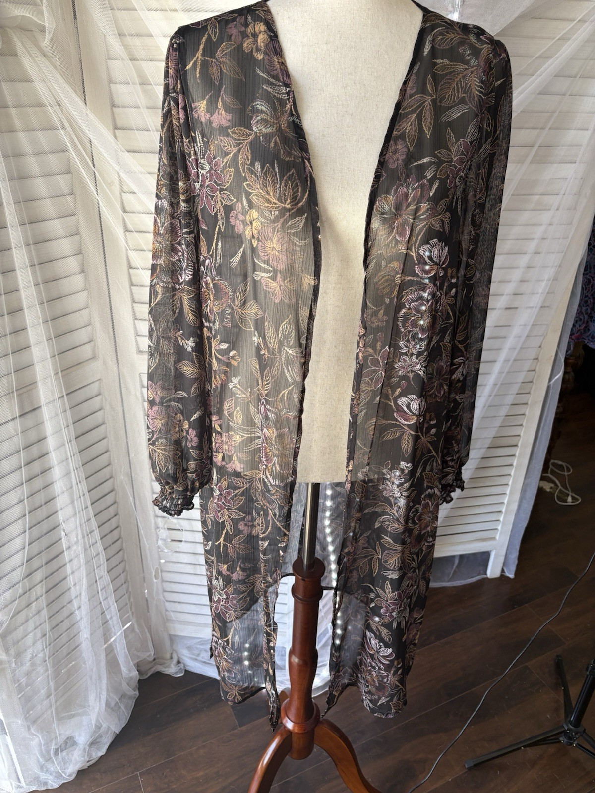 maurices Sheer Floral Open-Front Kimono Black Multicolor Long Sleeve Chiffon M