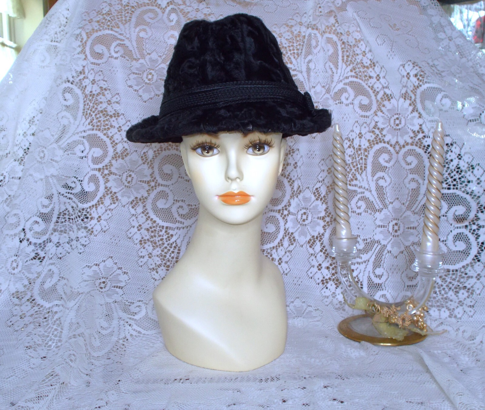 Vtg Regency of New York Black Broadtail Persian Lamb & Leather Fedora Hat 22 3/4