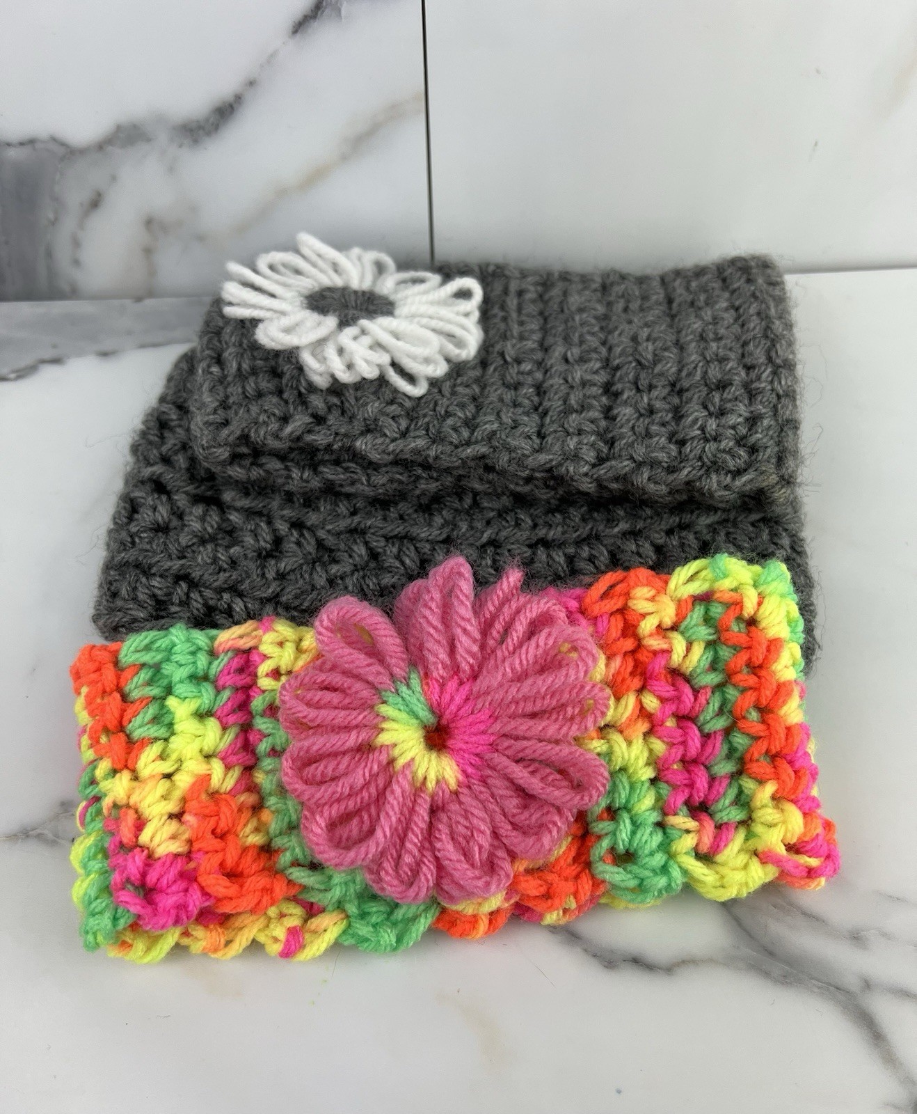 Handmade Crochet Headband Ear Warmer Gray Multicolor Flower Accents Set of 3