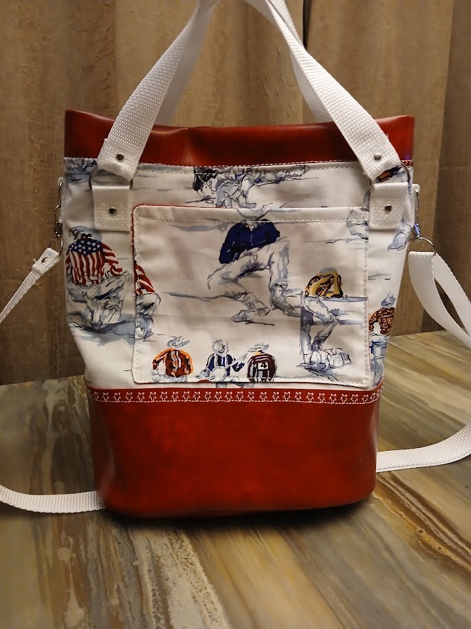 New Bucket Saddle Bag Purse Tote Red White Cowboy Rodeo Southwestern Pleather