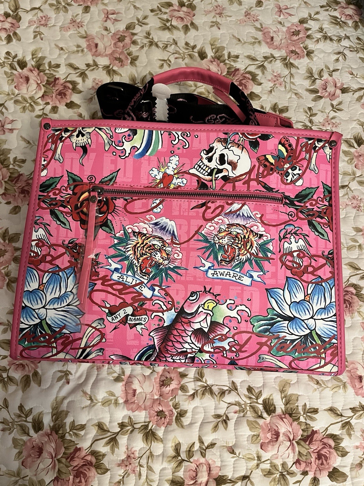 Brand New Ed Hardy Denim Pink Rhinestone Tattoo Purse Bag