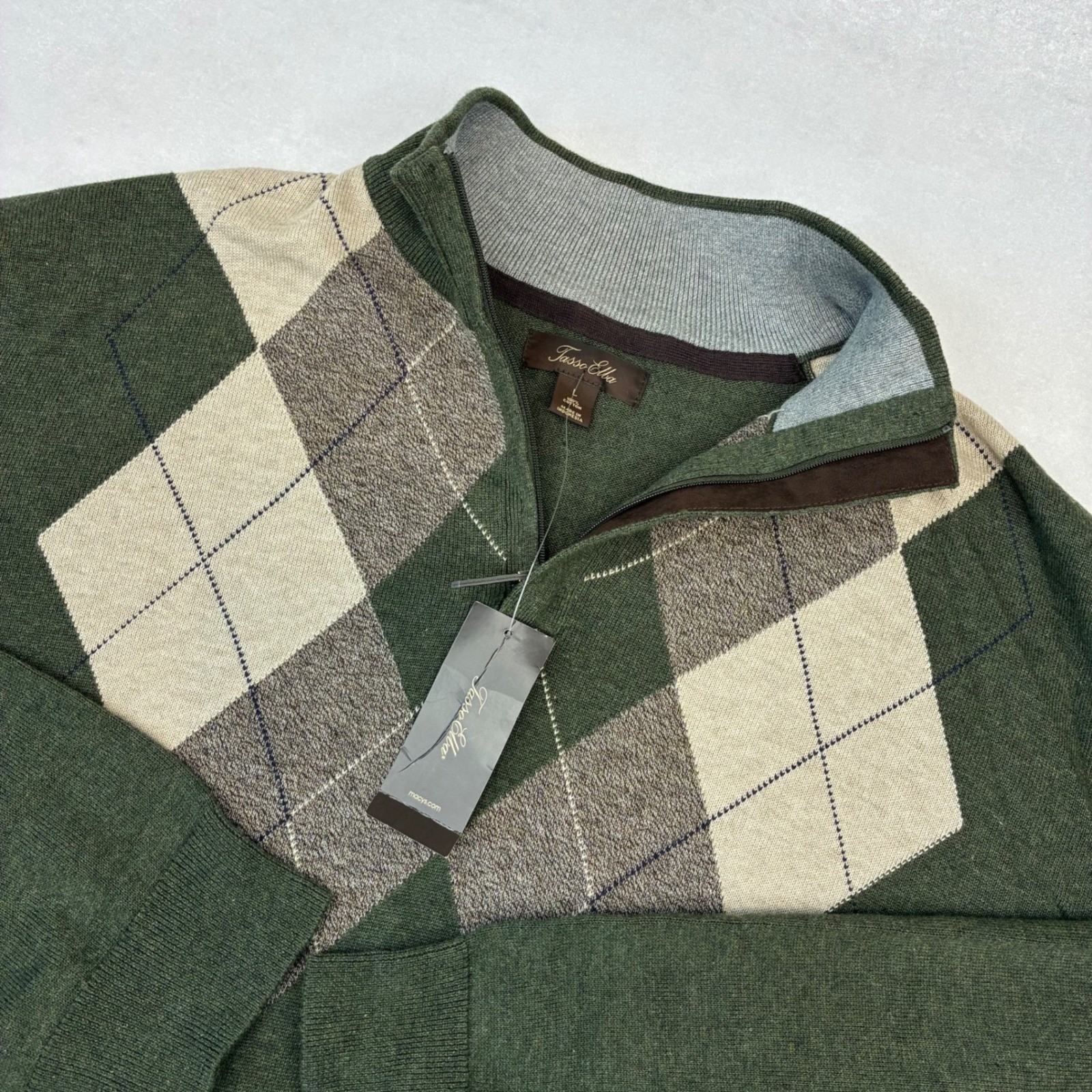 New Tasso Elba Quarter Zip Sweater Mens Large Olive Argyle Cotton Mock Neck NWT