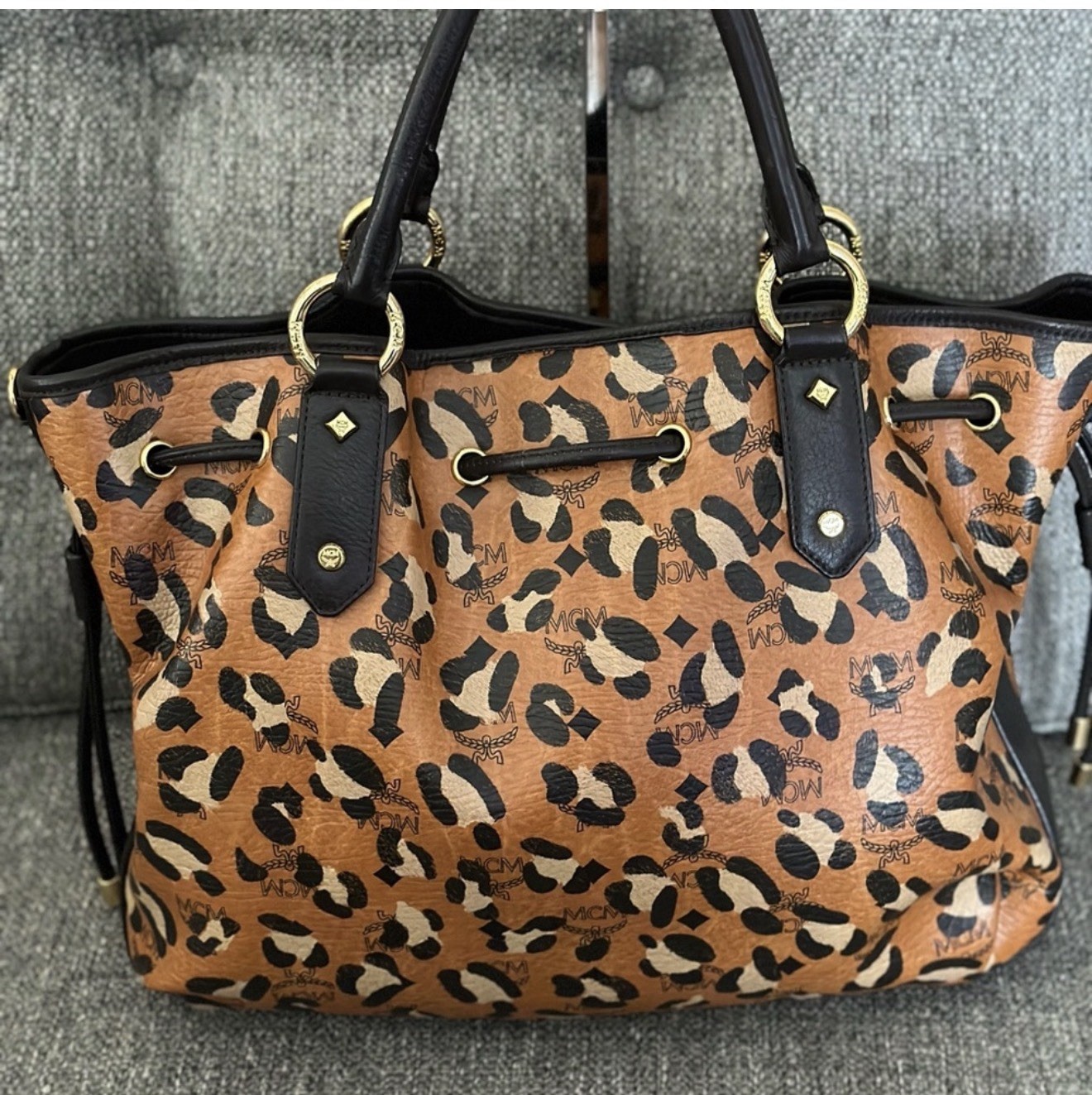 MCM Leopard Print Satchel Top Handle Bag Brown Black Drawstring Gold Dust Bag