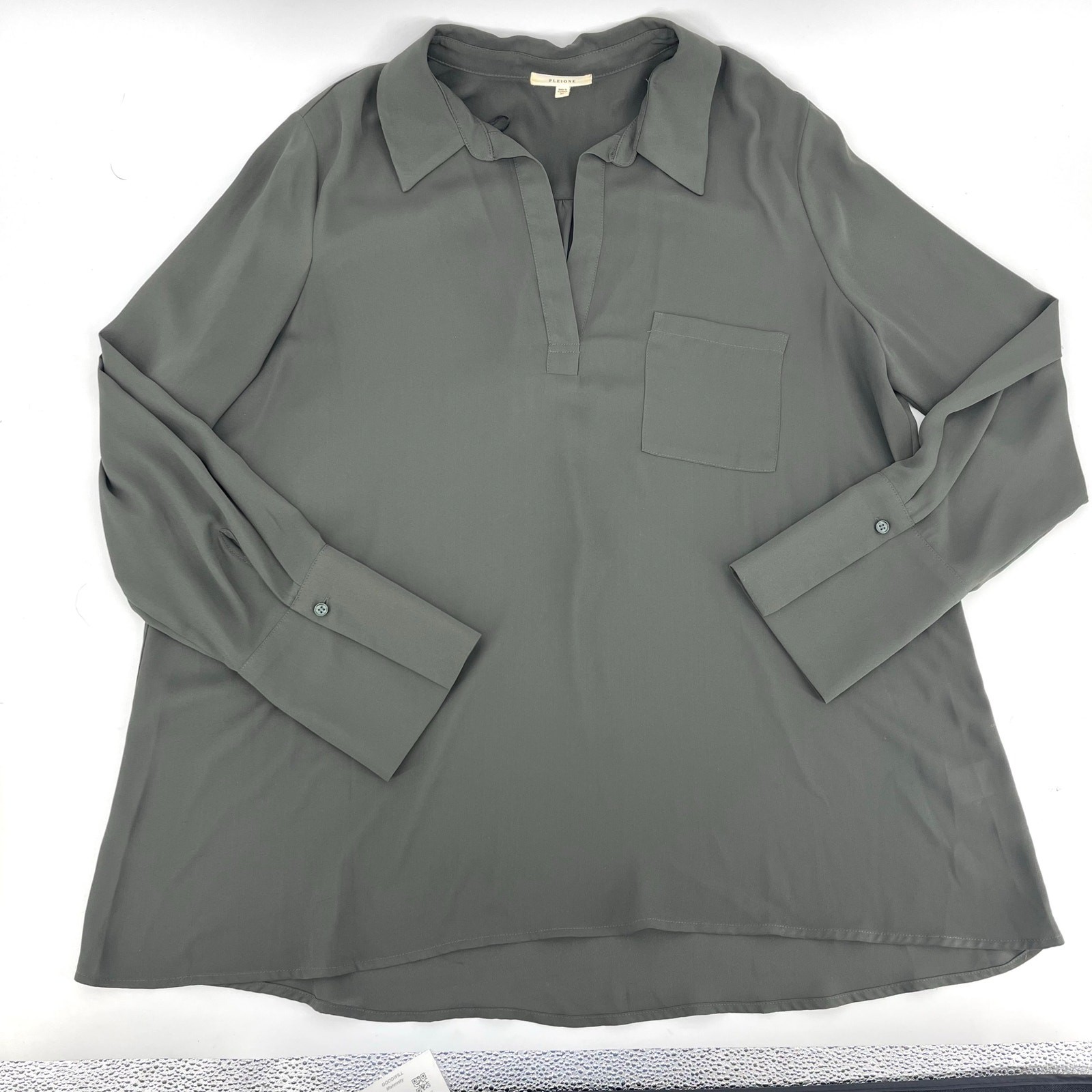 Pleione Gray/Green Chiffon Opaque Drapey Tunic Collared Blouse XL