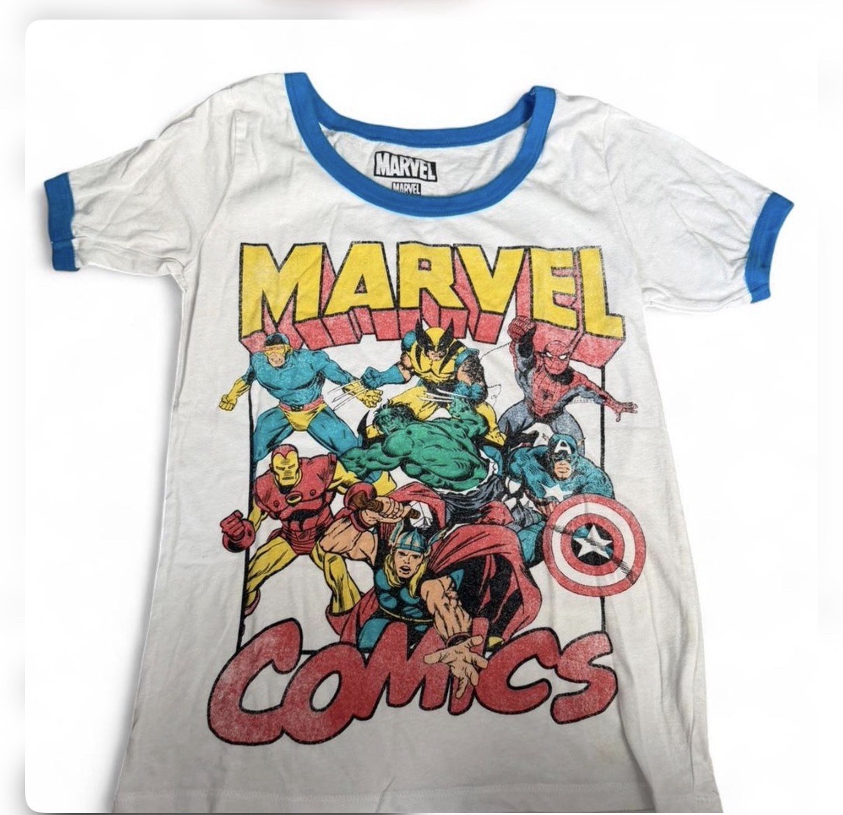 Marvel Boys XS Ringer T-Shirt Graphic Print White/Blue Trim Crew Neck