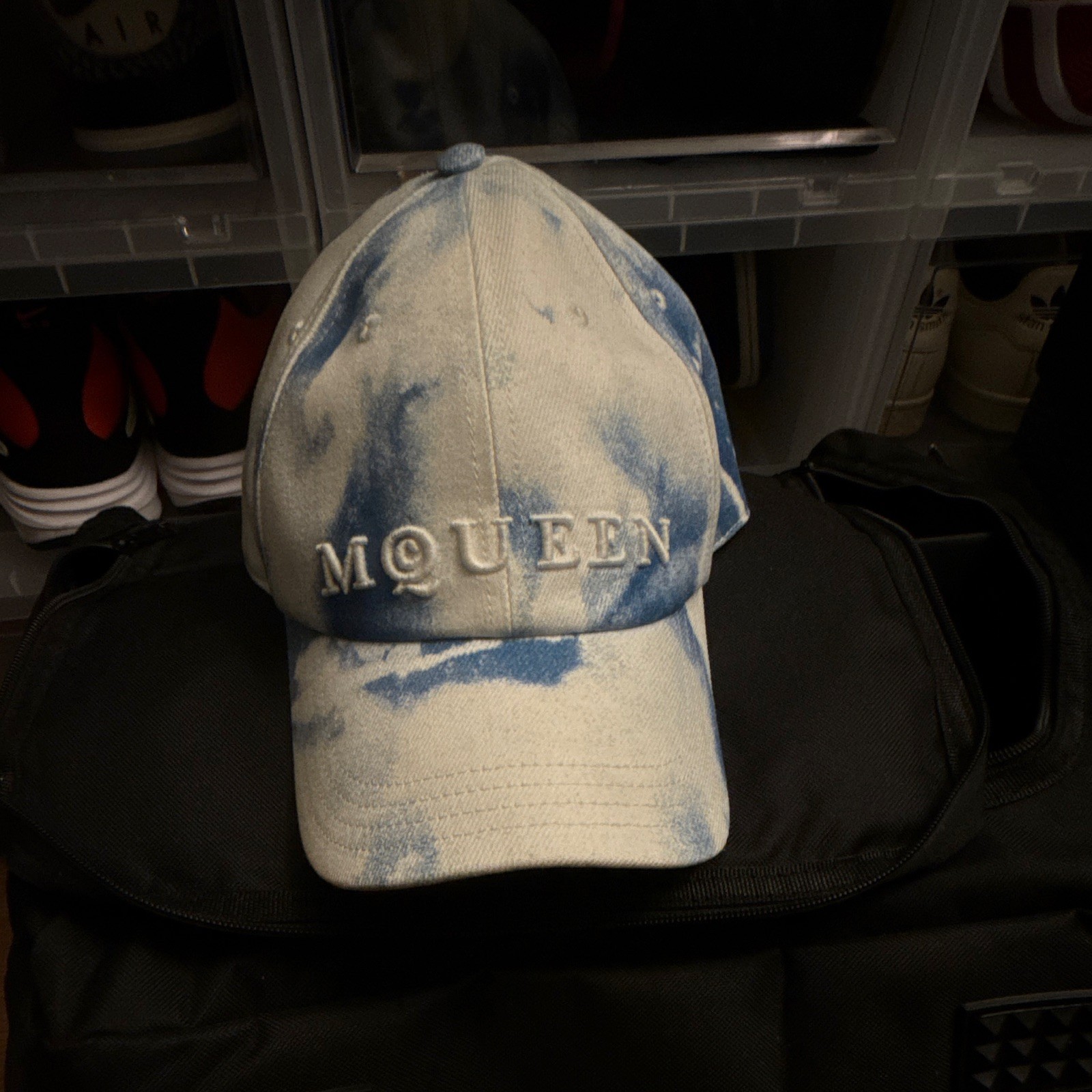 Alexander McQueen Marbled Ivory/Blue Baseball Cap XL Adjustable Designer