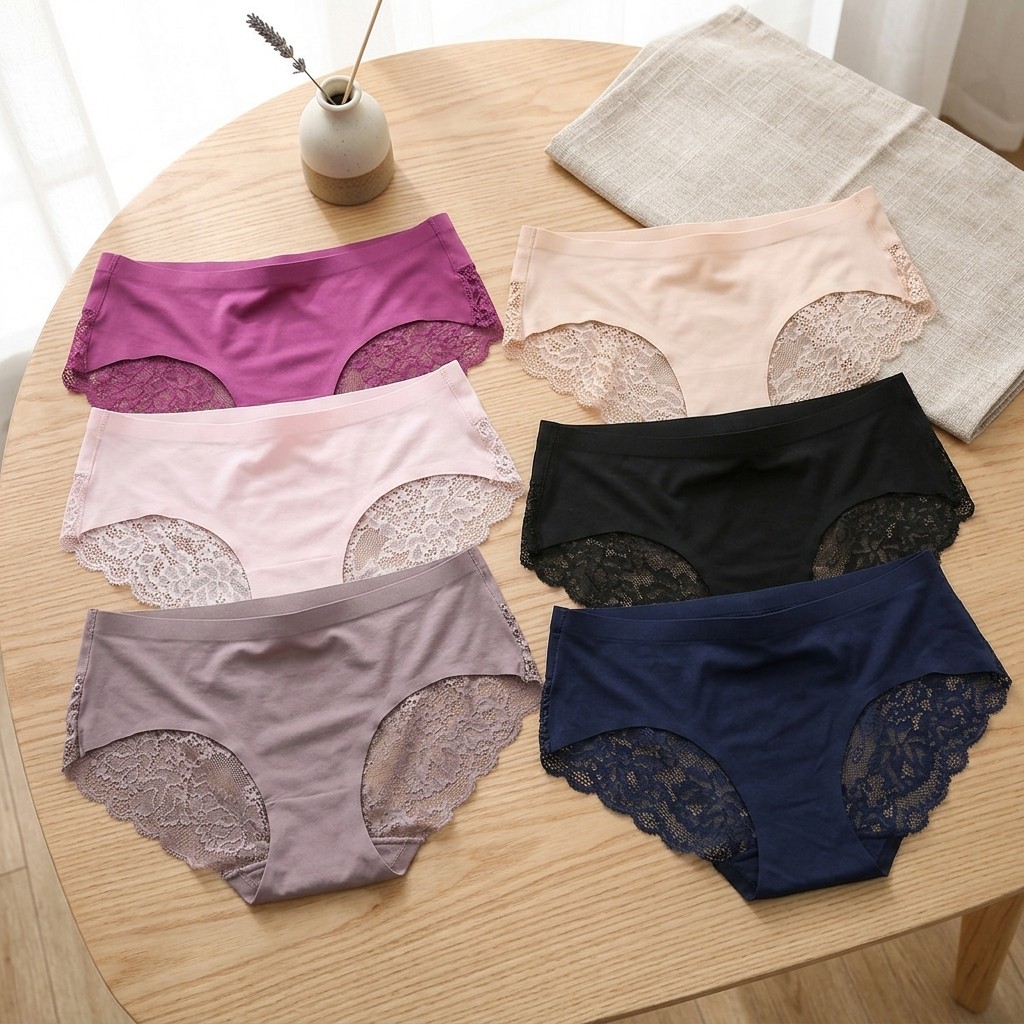 6 Pack Ice Silk Mid-Rise Lace Trim Briefs Women’s Seamless Underwear