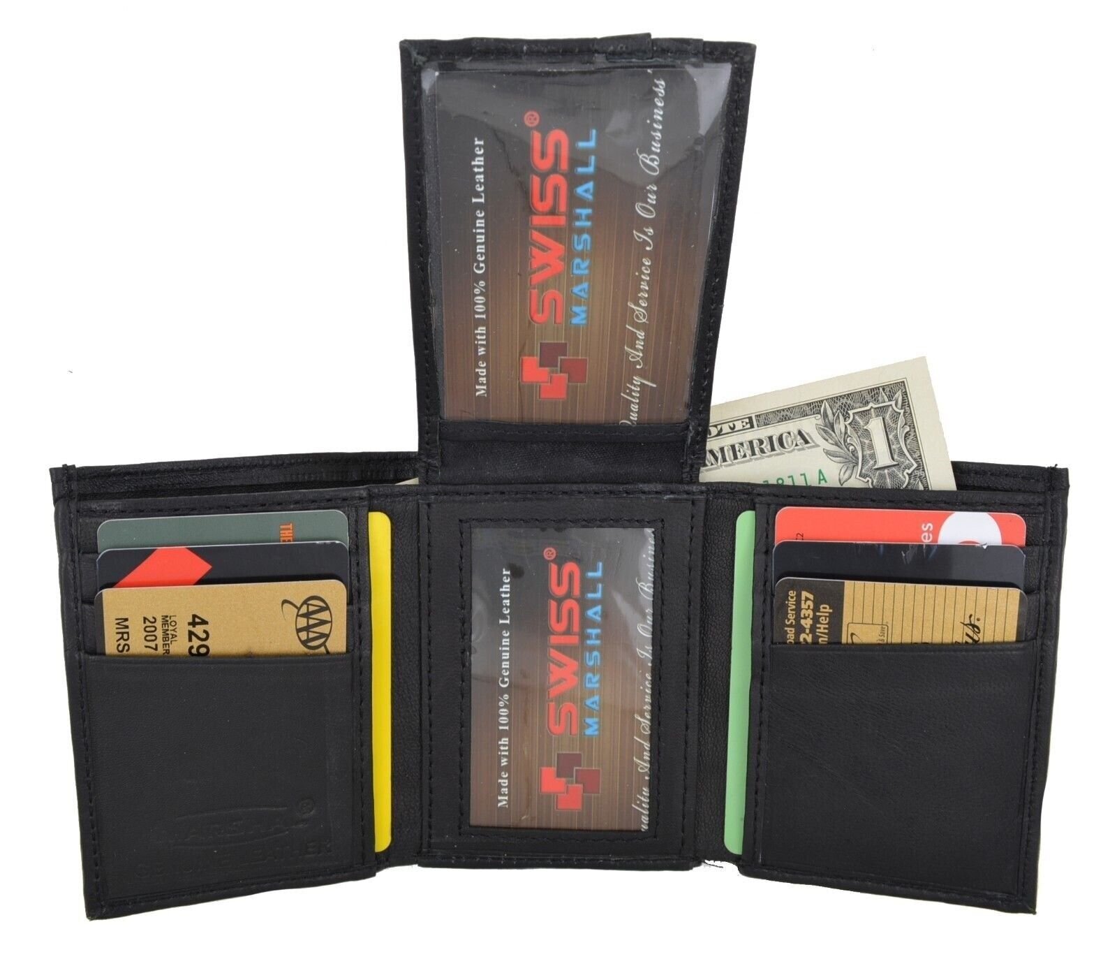Black Men’s Leather Trifold Center Flap Up ID Credit Card Holder Wallet Marshal