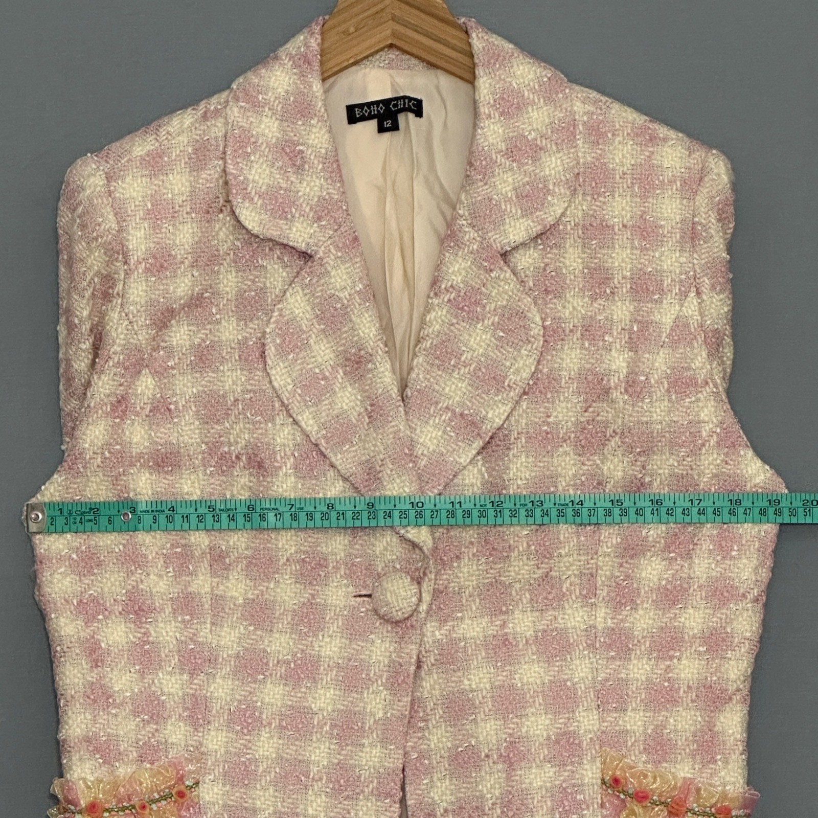 Boho Chic Womens Jacket 12 Pastel Pink Tweed Ribbon Ruffle Feminine Coquette