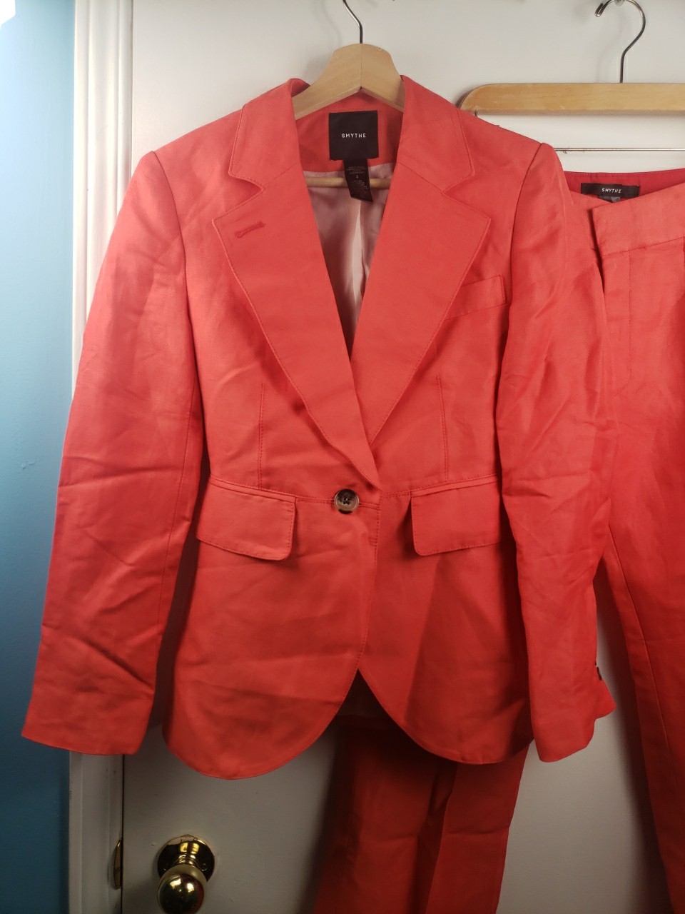 Smythe Seamed Blazer and Wide Leg Pant in Poppy Nwot Linen Blend Size US 2