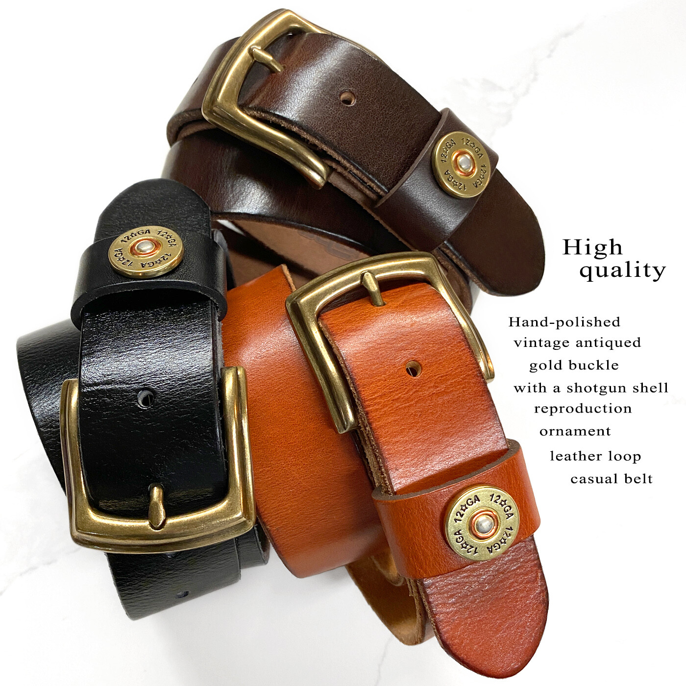 Shotgun Shell Concho Loop Genuine Casual Jean Leather Belt 1-1/2″(38mm) wide