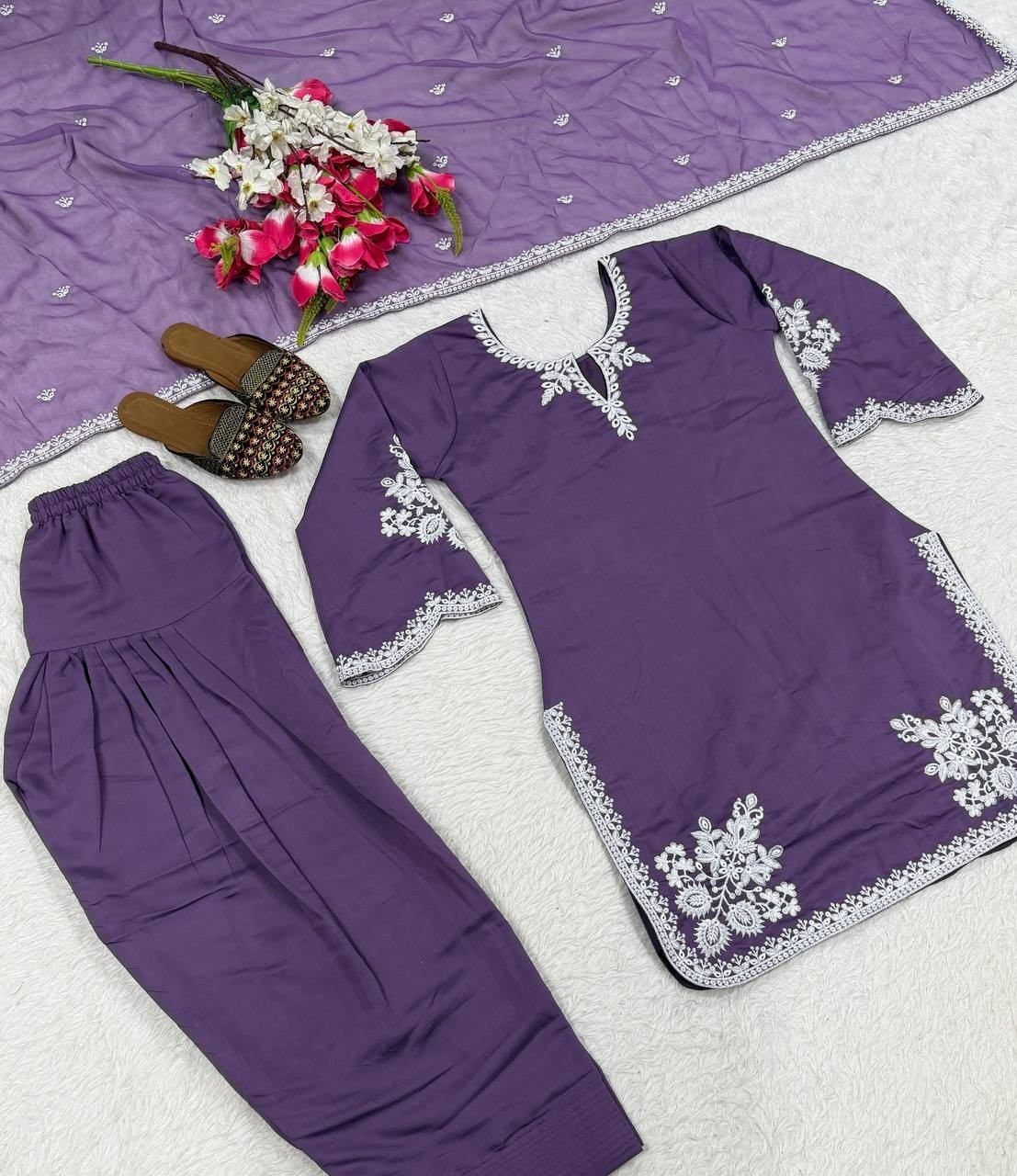 Latest Heavy Roman Cotton Purple Top Bottom With Dupatta For Function Wear