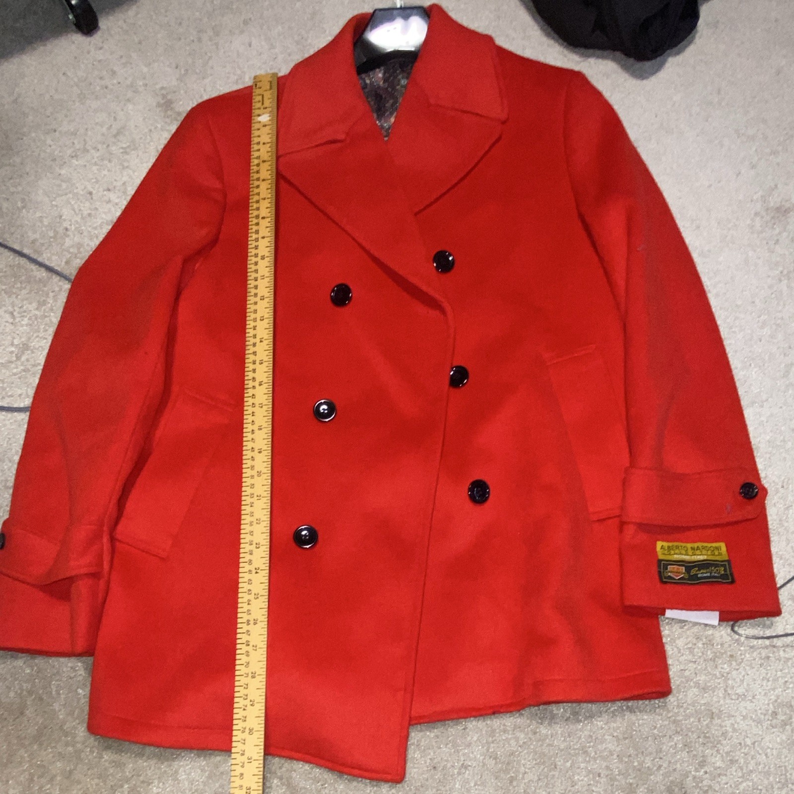Alberto Nardoni Red Lined Button Collared Wool Pea Coat Pockets L Chicago