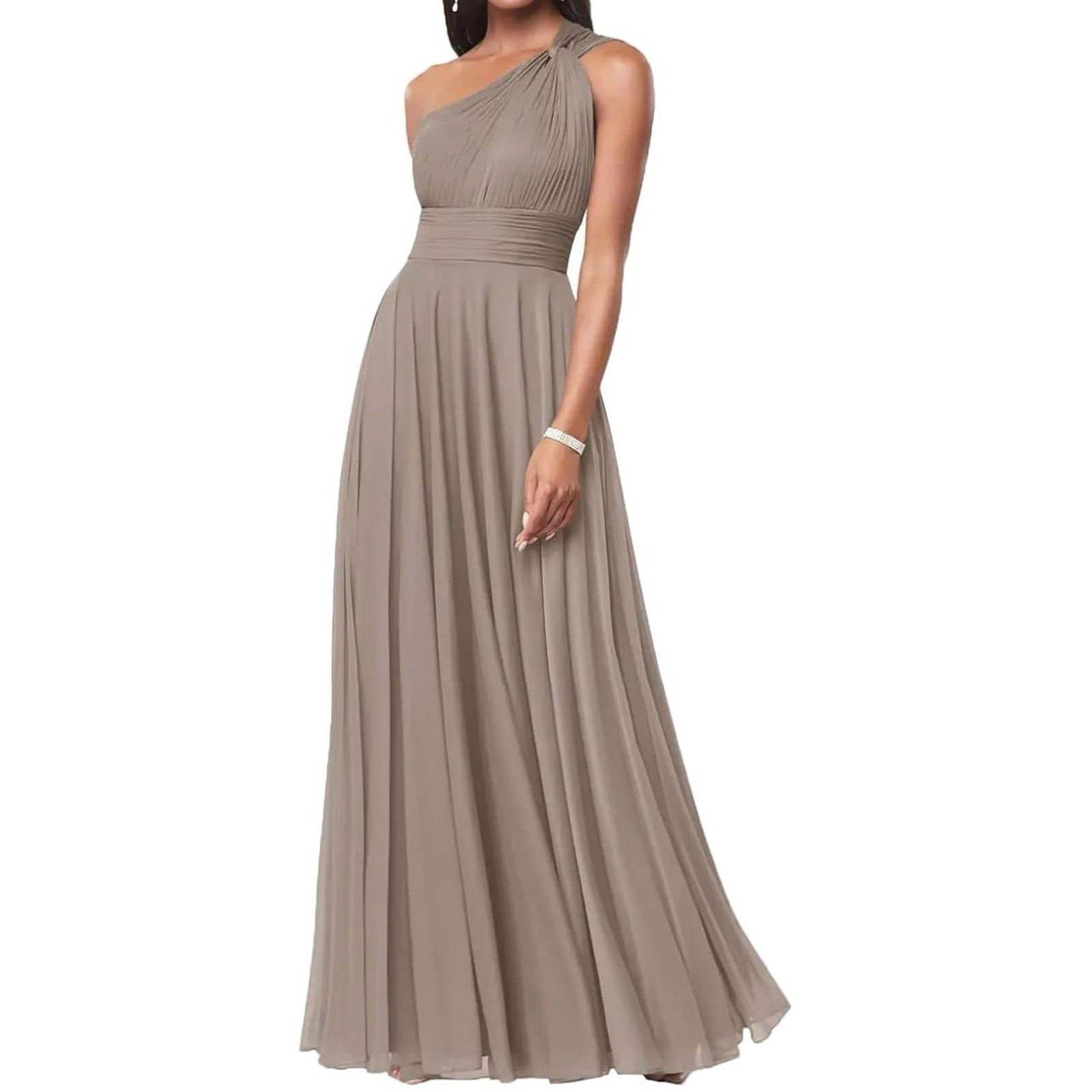 New Taupe Chiffon One Shoulder Formal Gown Pleated A-Line Maxi Dress Bridesmaid