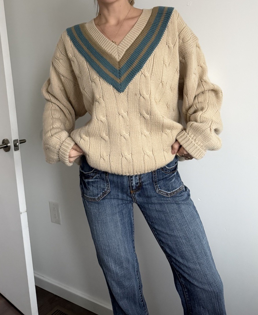 Faconnable Beige Blue Green Cable-Knit V-Neck Pullover Sweater XL Striped Trim