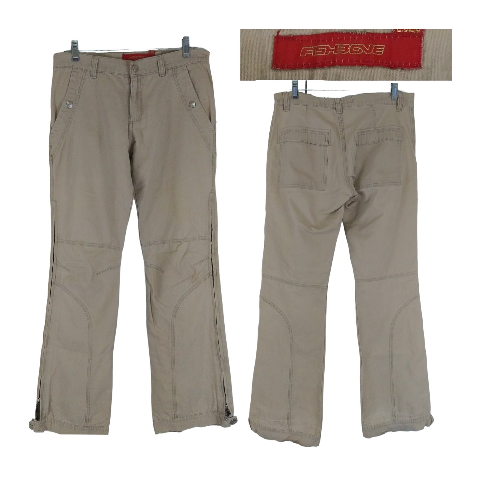 FISHBONE Beige Tactical Cargo Zip Pocket Legs Button Snap Pants Zip Mesh Size 28