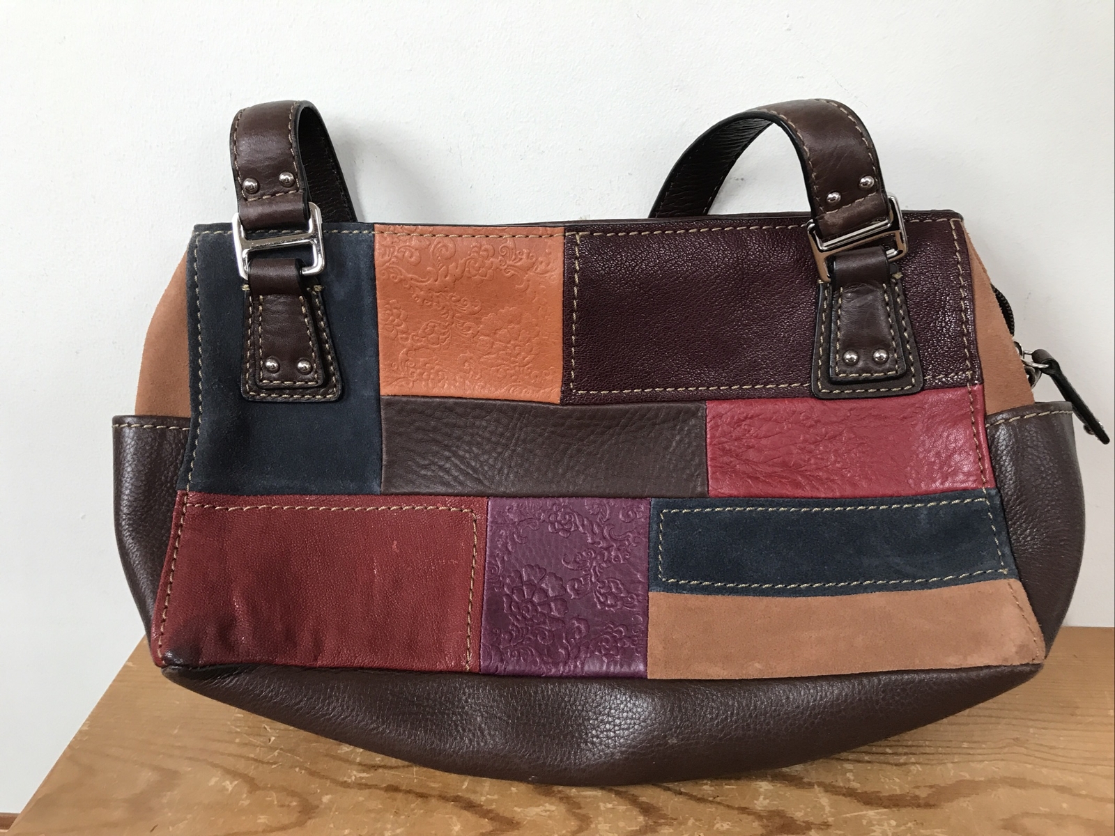 Fossil Colorful Red Purple Leather Patchwork Hobo Shoulder Hand Bag Purse 12.75″