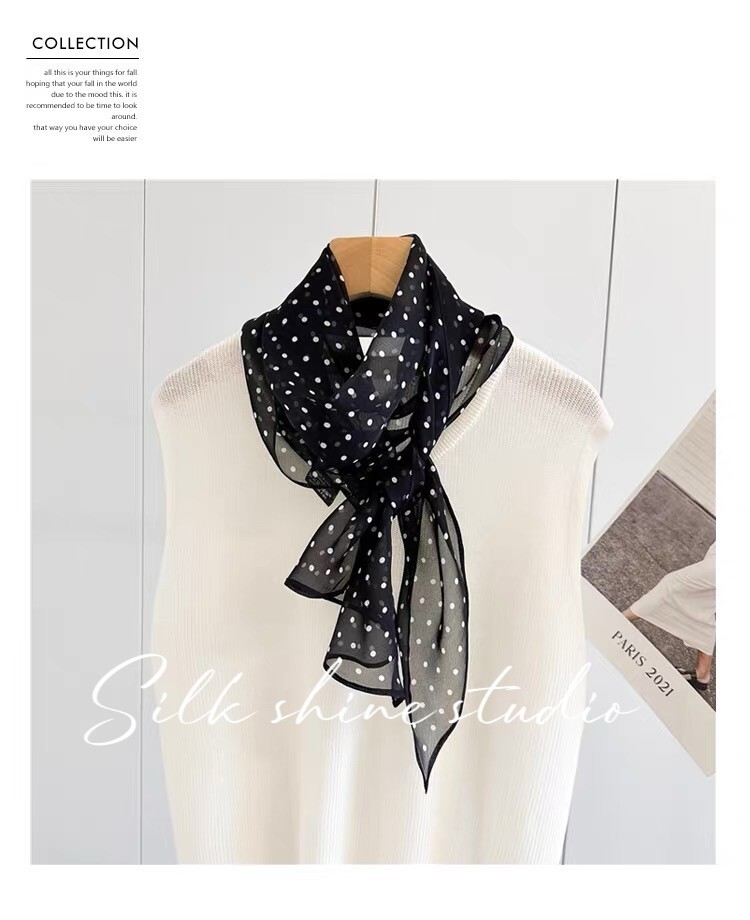 Chic Black & White Polka Dot 100% Silk Scarf -Lightweight 63″x12″ Oblong Summer