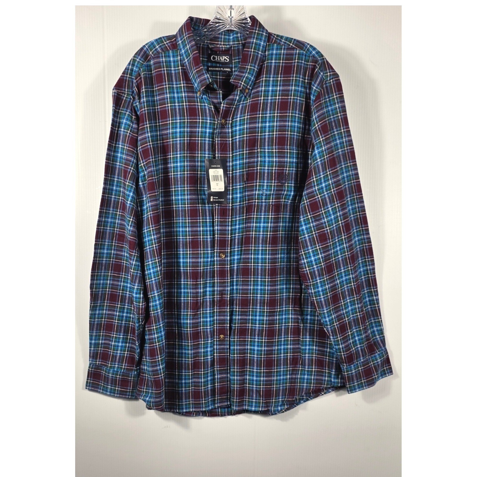 Chaps Mens XL Brushed Flannel Plaid Shirt Burgundy Teal Blue NWT 750627123001