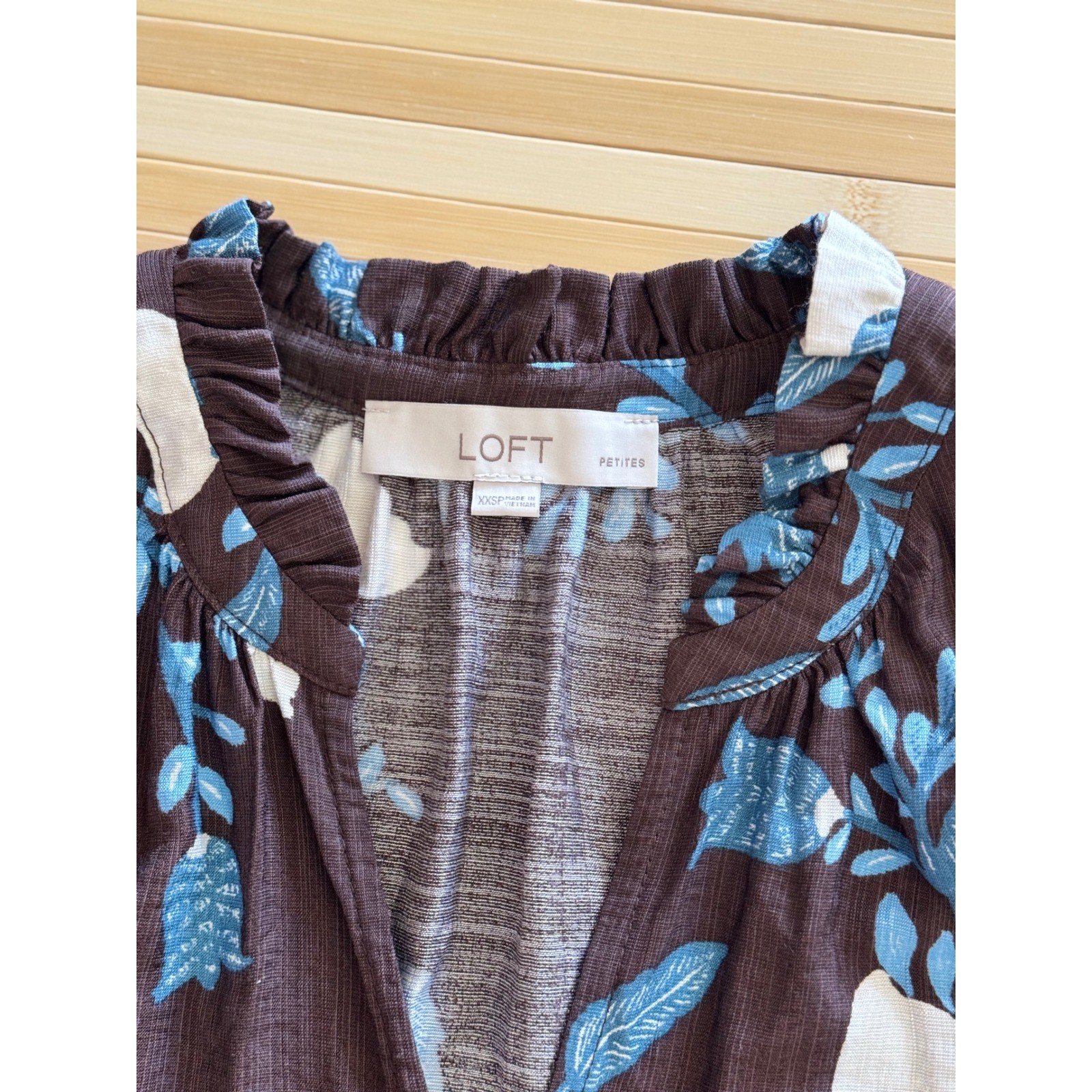 Loft Petites Oversized Easy Fit Floral Top Brown Blue Ruffle Neck XXSP