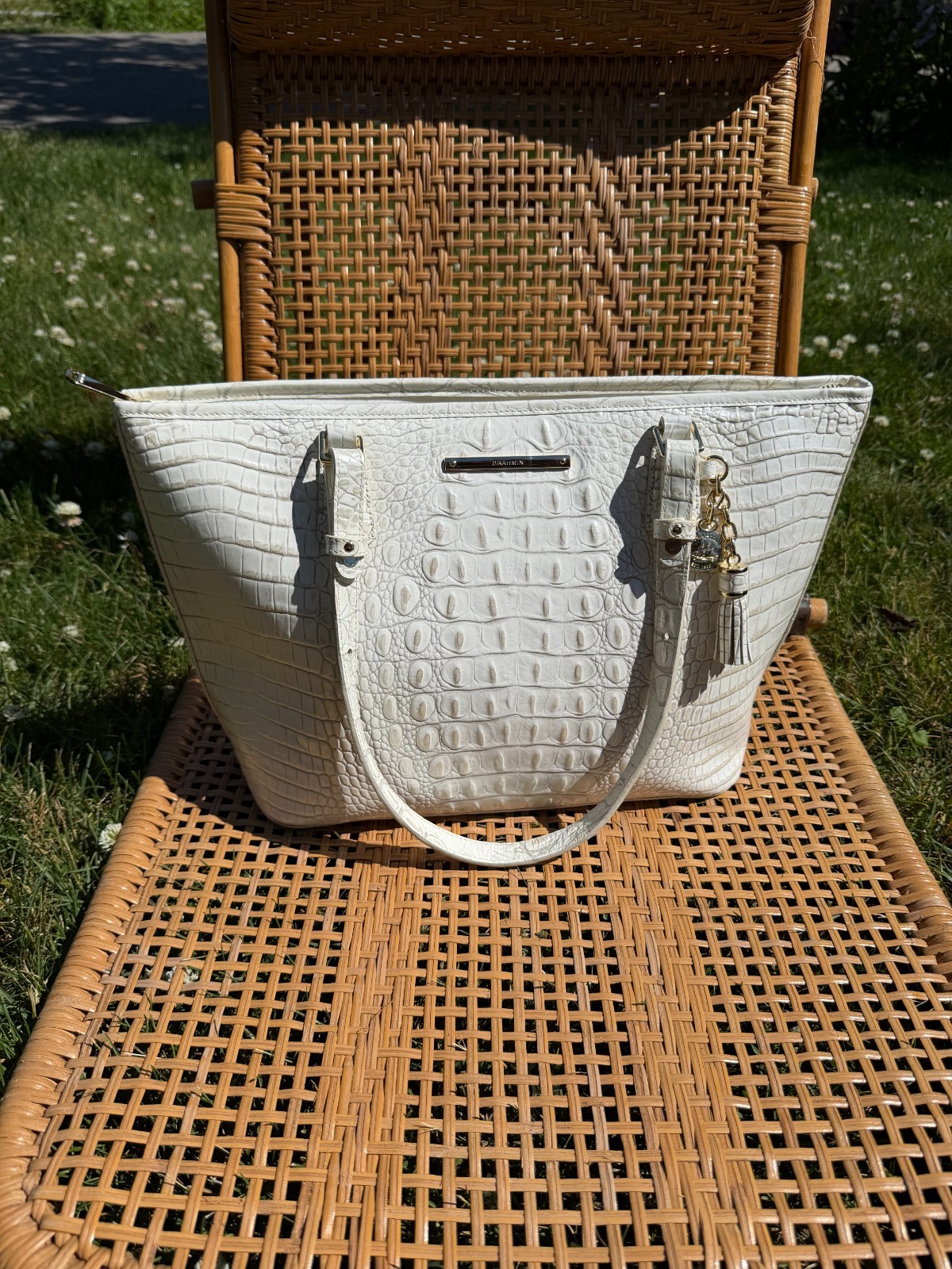 Brahmin Medium Asher Tote – White Croc Embossed Melbourne Leather w Tassel Charm