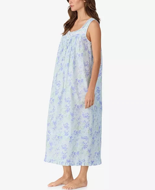 Eileen West Blue Multi Floral Sleeveless 100% Cotton Lawn Ballet Nightgown S
