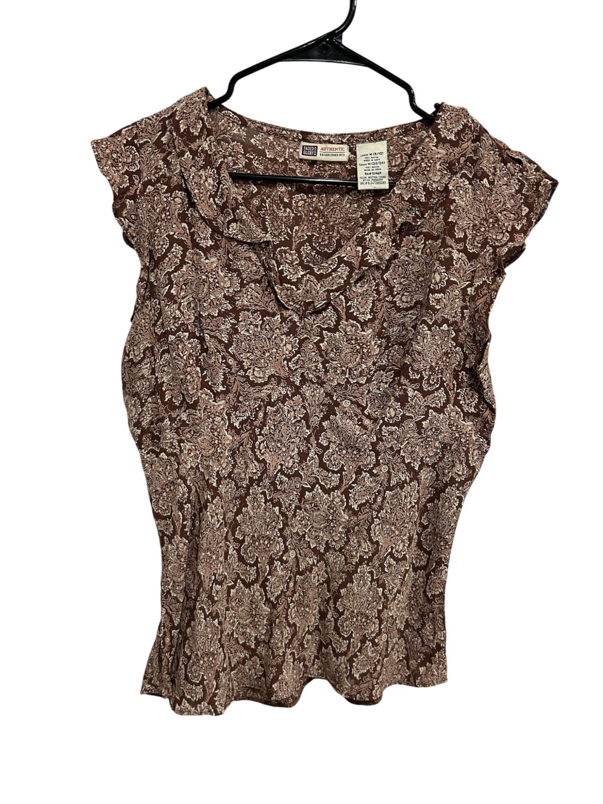 Faded Glory Brown Paisley Cap Sleeve Blouse Size M Y2K Boho Maximalist