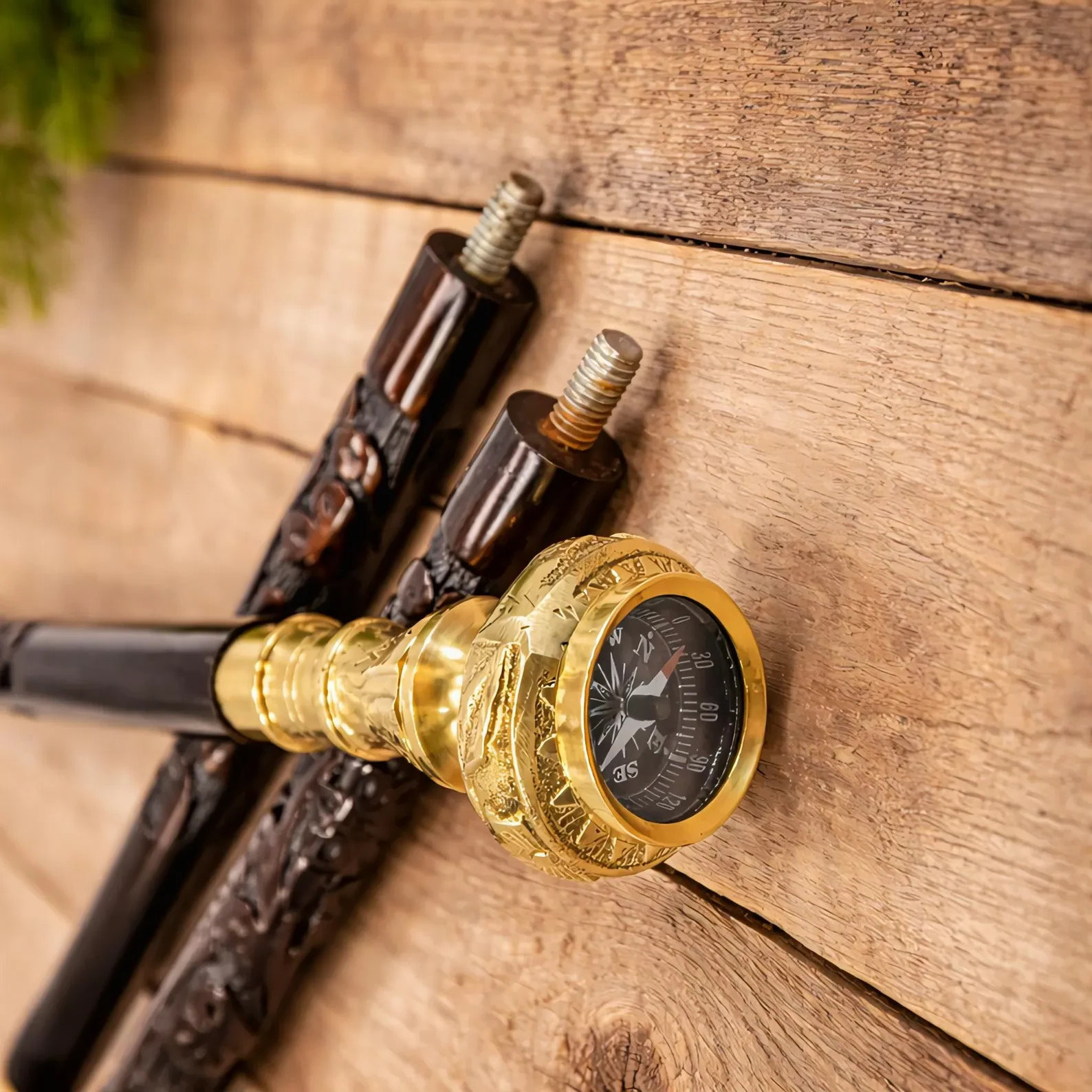 Hand Carved Floral Design Wooden Cane Vintage Brass Compass Handle Walking Stick