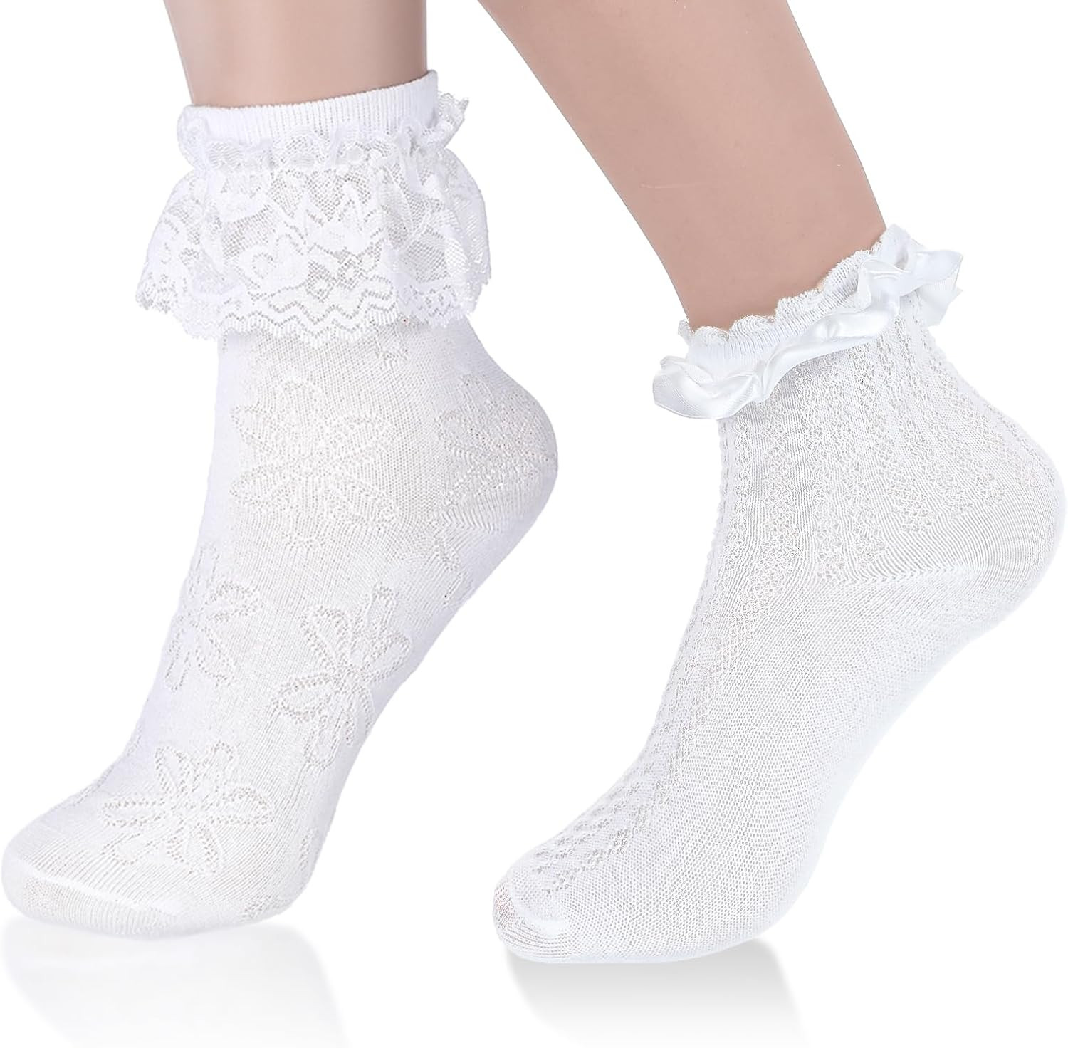 2 Pairs White Ruffle Socks for Women Turn-Cuff Lace Frilly Ankle Sock Comfortabl