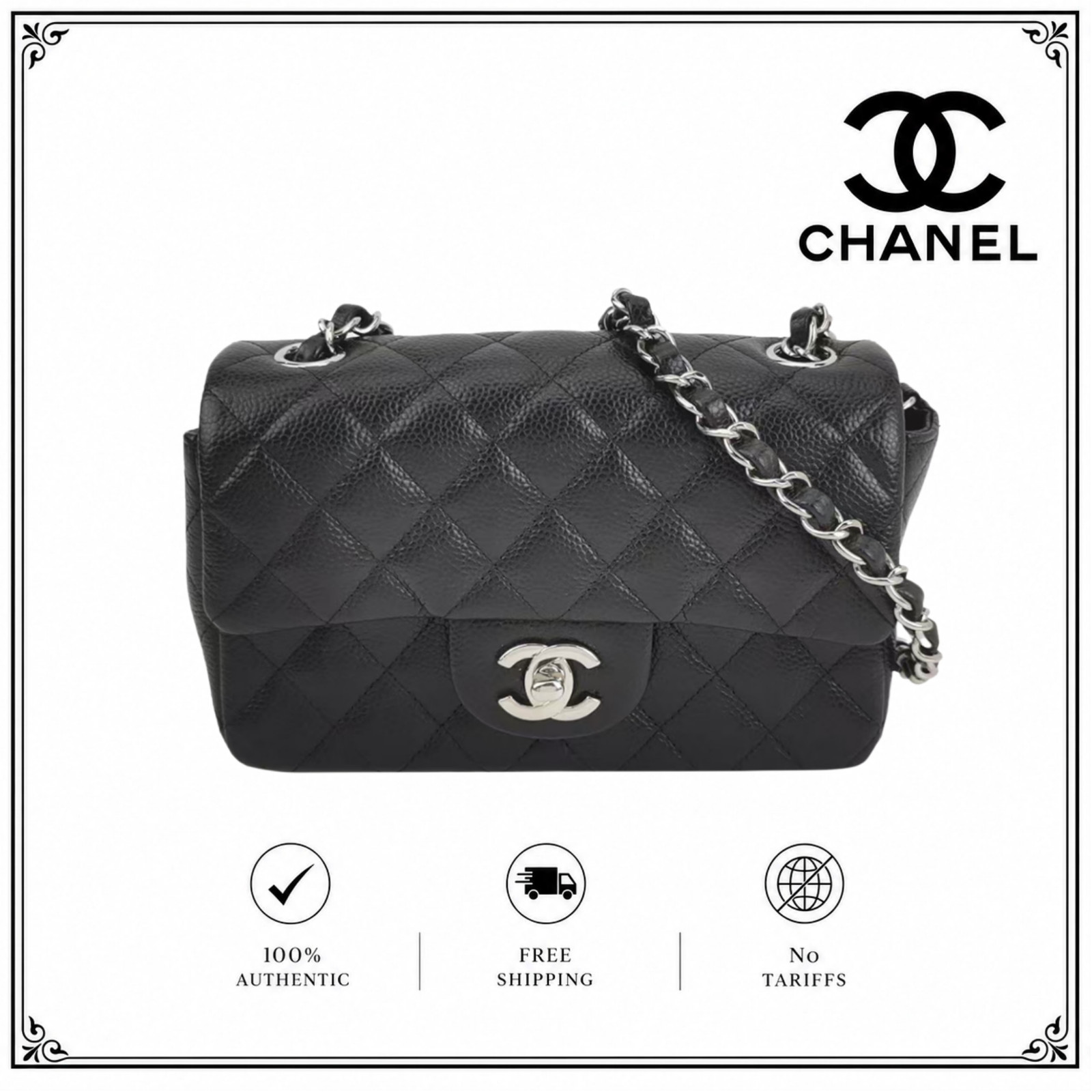 Chanel New Mini Flap Bag 20cm Black Caviar Silver Hardware SHW Auth