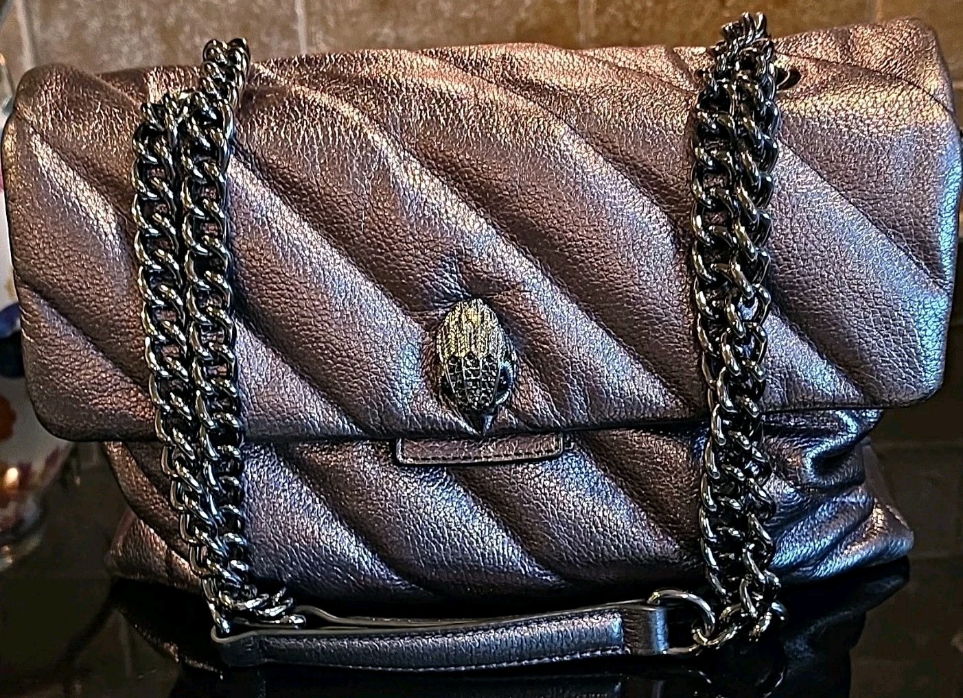 Kurt Geiger Kensington Bronze Quilted Shoulder Bag Chain Strap Gunmetal