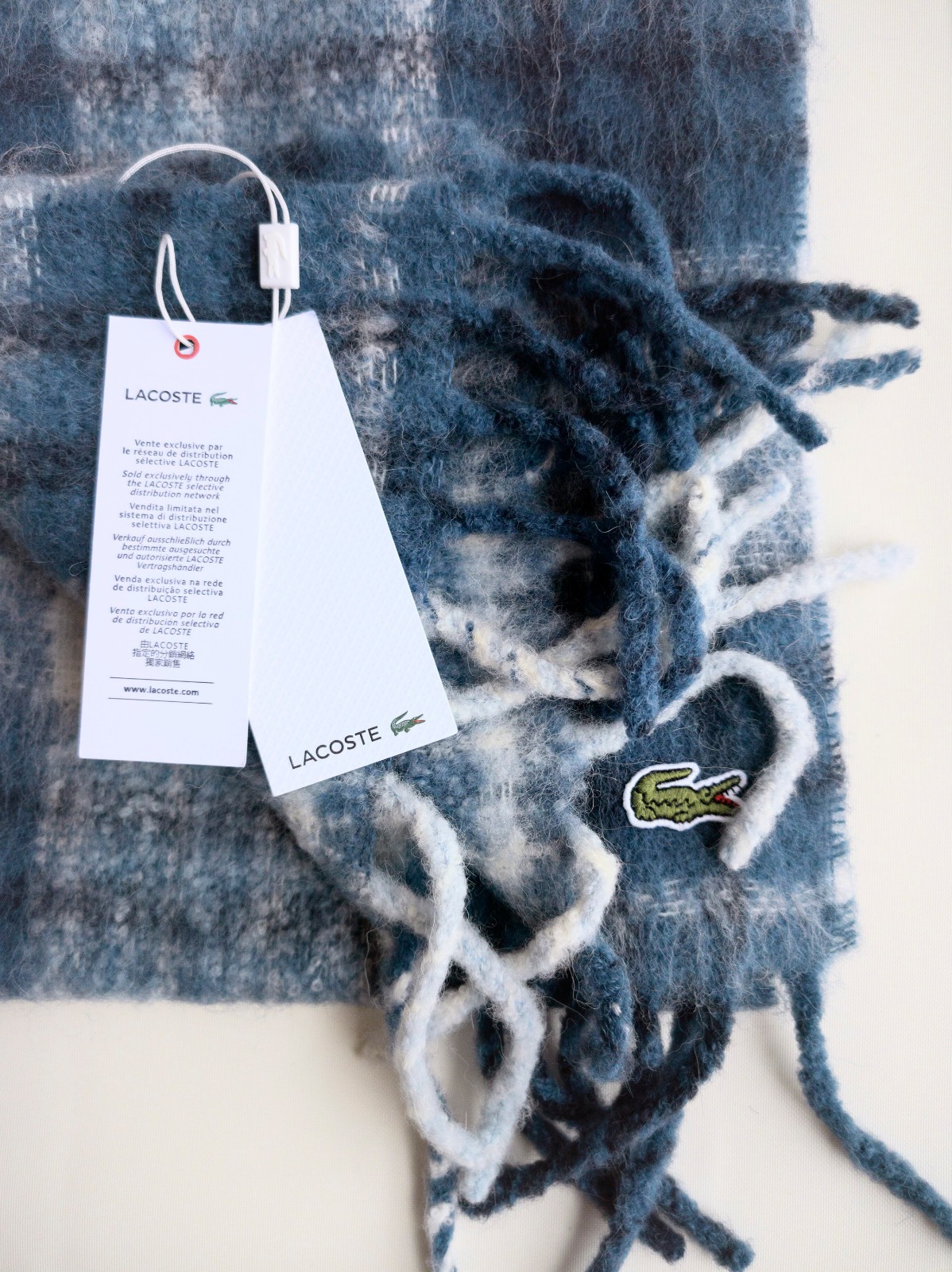 NP~$130 Lacoste Alpaca Scarf, Soft, Thick, Hairy! checked blue grey, warm scarf