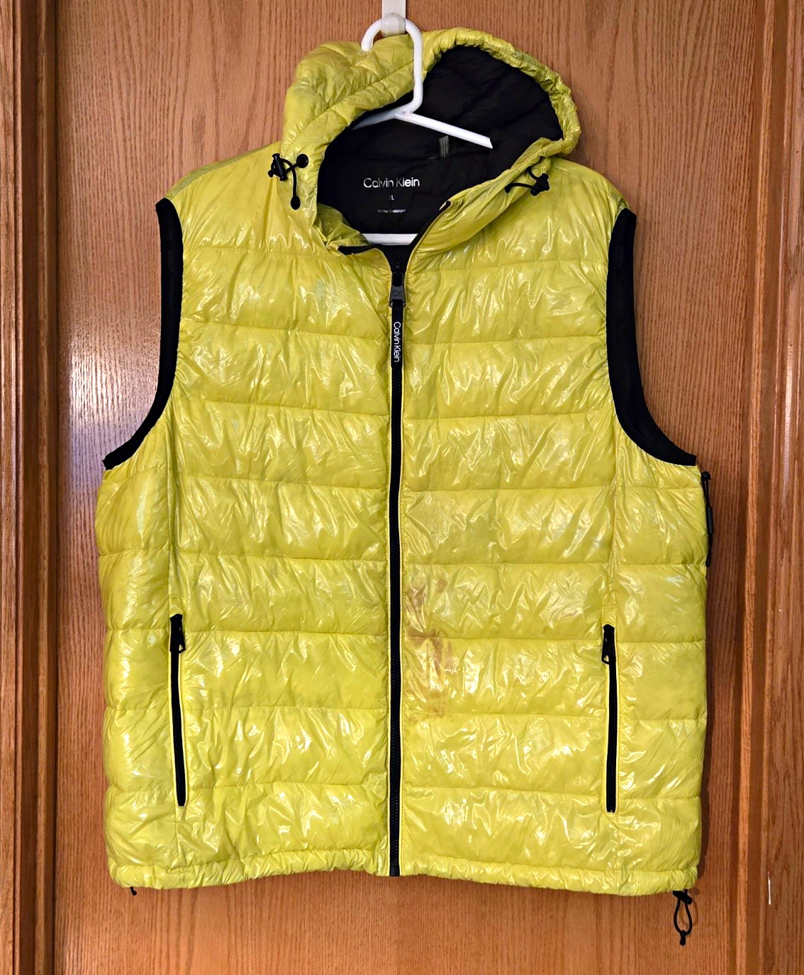 Calvin Klein Men’s Hooded Puffer Vest Full Zip Yellow/Black XL Lined Nylon