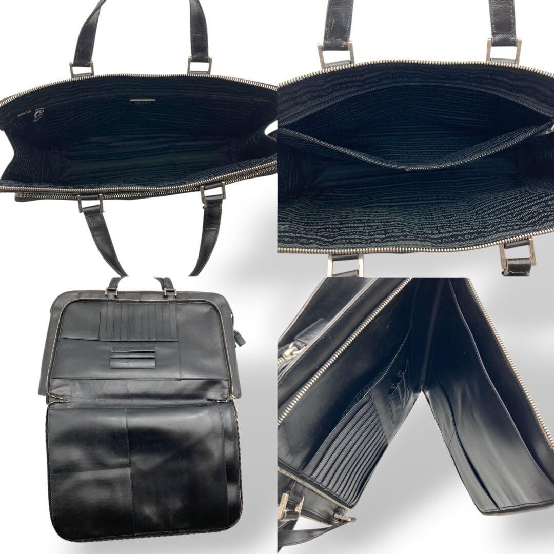 Prada Saffiano Leather Black Briefcase Business Bag Triangle Logo Auth