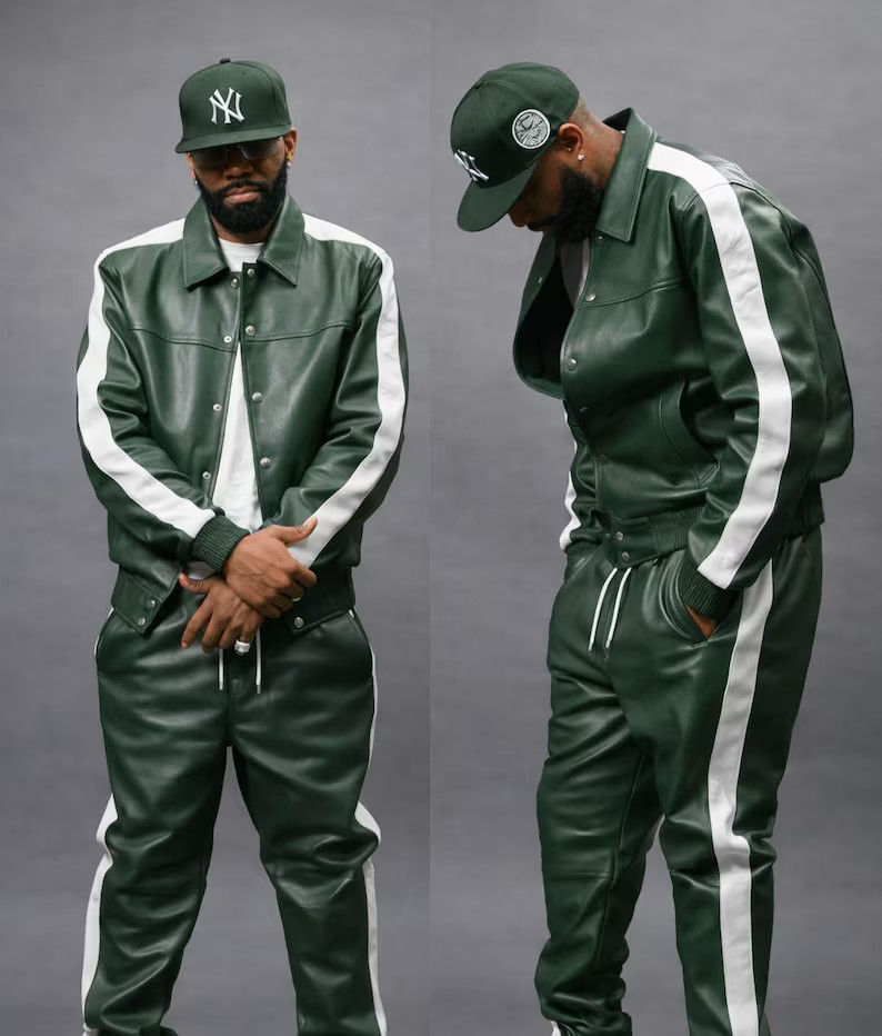 Men’s Leather Track Suit Sweatsuit [Green/White] Jogging Tracksuit