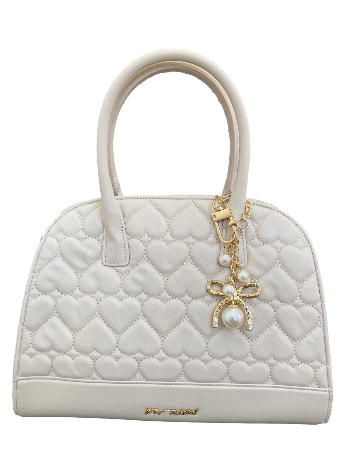 Betsey Johnson XO TATE Allover Quilted Heart Fx Pearl Gold Tone Dangle Handbag