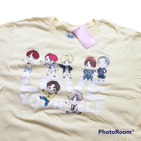 NWT BTS TinyTan Chibi Characters Love Yourself Yellow T-Shirt Graphic Tee, XL