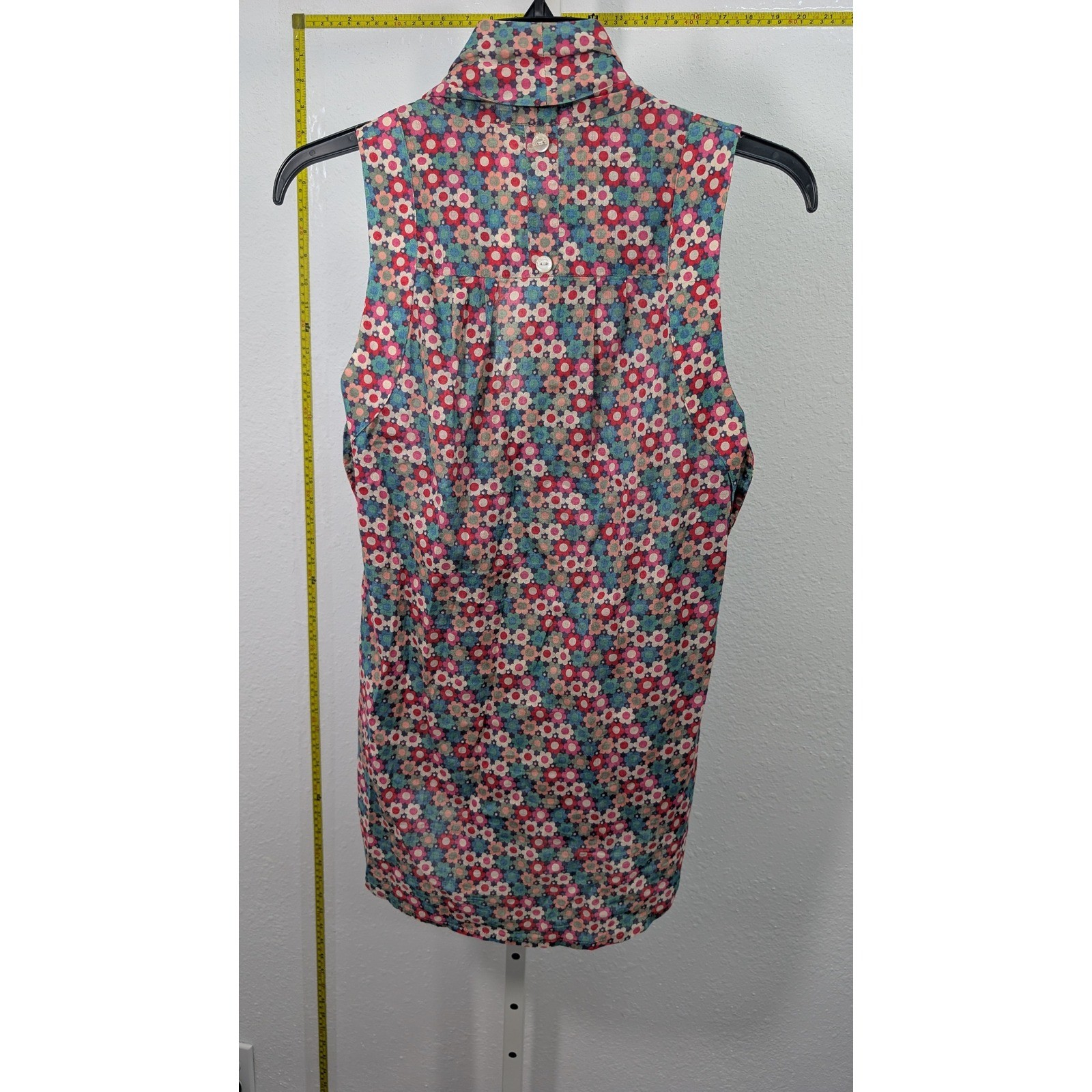 Botswana Floral Sleeveless Tie Neck Blouse Womens P Small Cotton Button Back Top