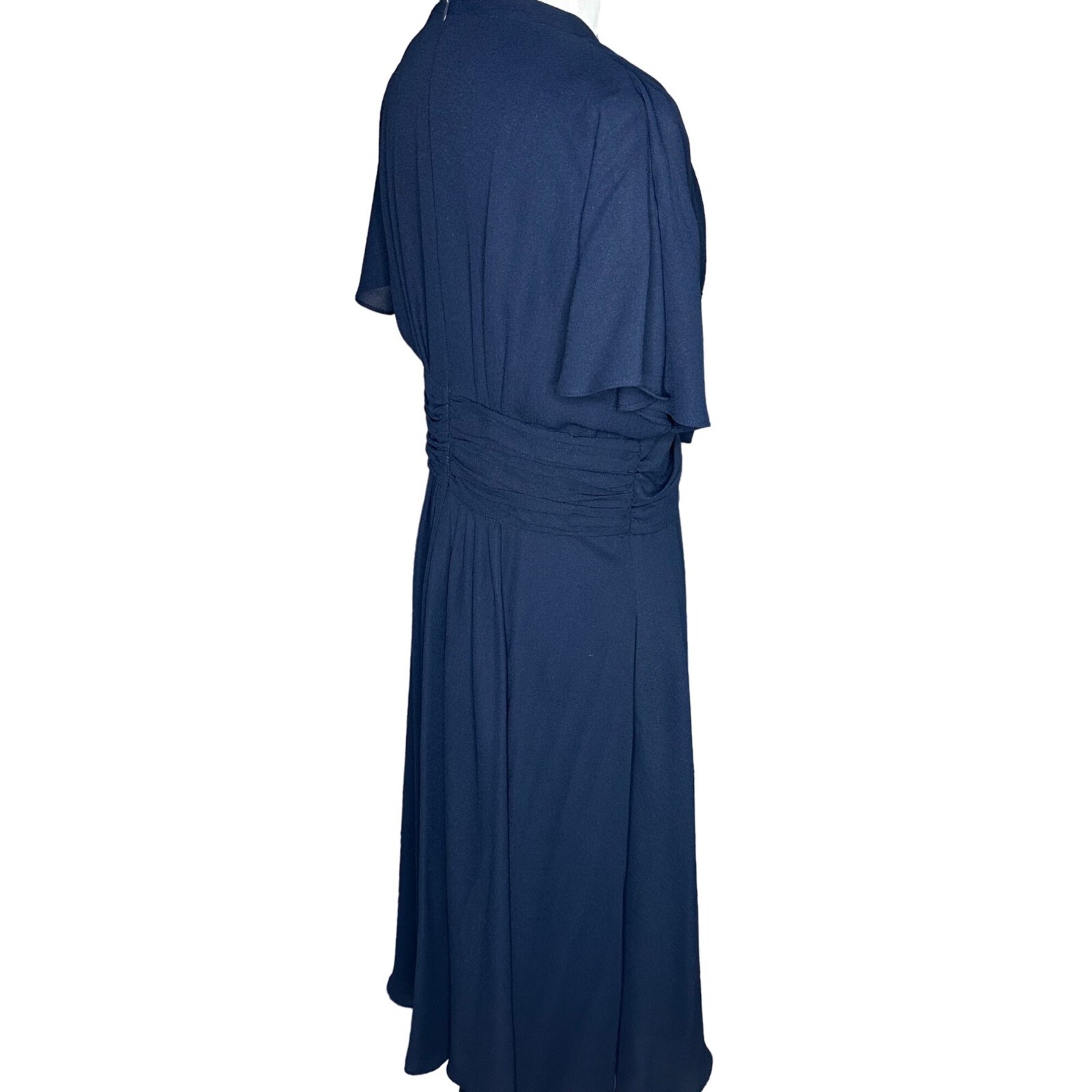 Gal Meets Glam Navy Blue Chiffon Waist Tie Bow Midi Dress Size 8 Back Zipper