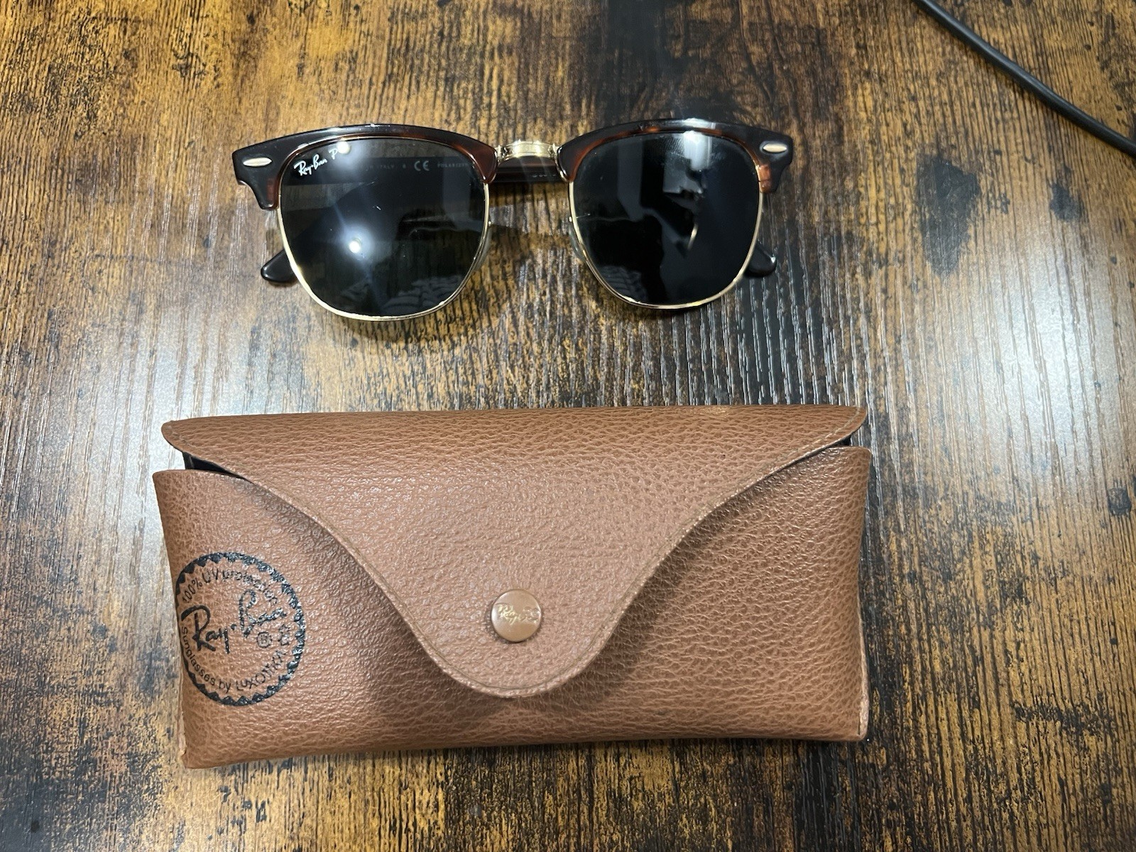 Ray-Ban RB3016 Clubmaster Polarized Sunglasses Brown Metal Frame Black Lens 140