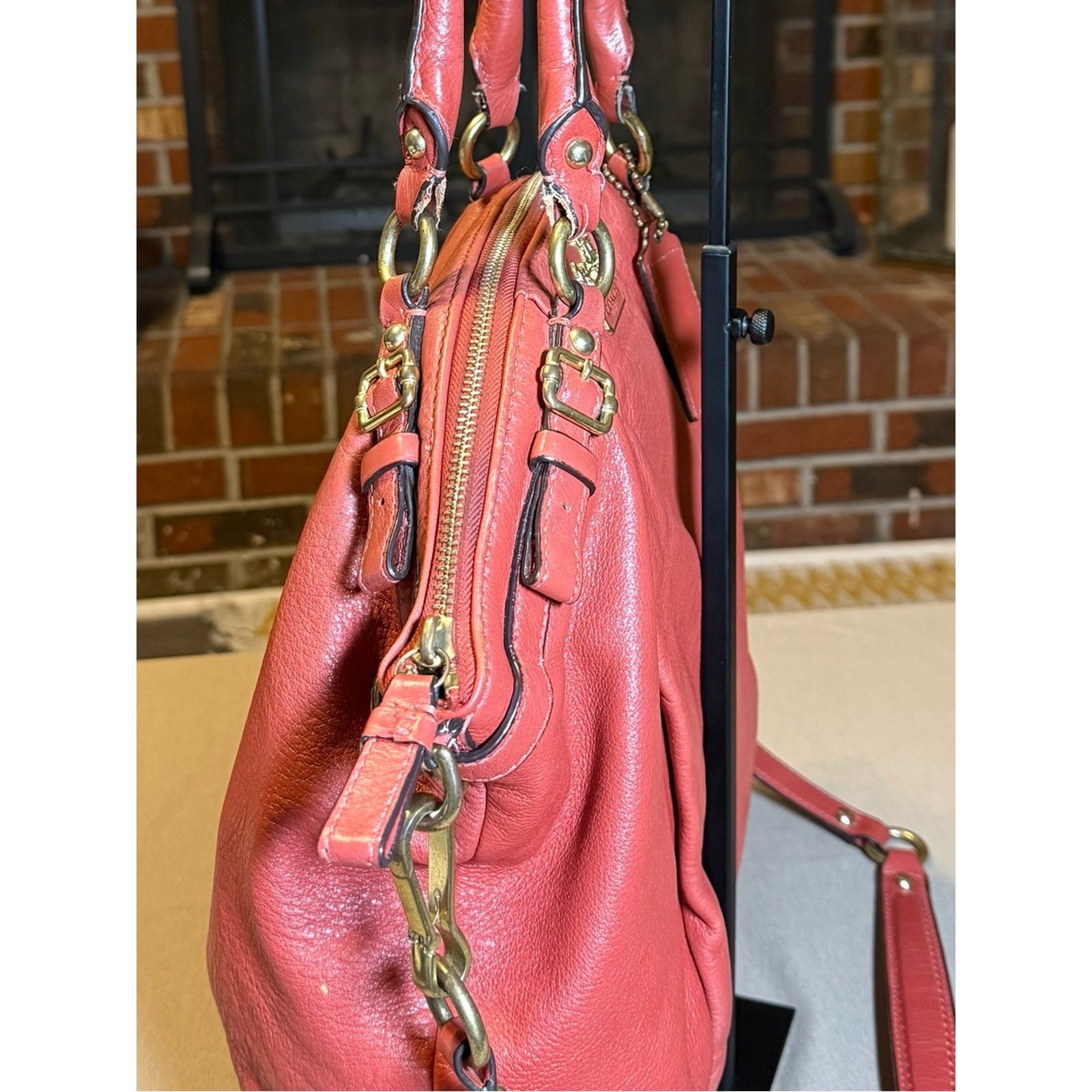 Coach Madison Coral Pebbled Leather Satchel Bag | Removable Strap |Gold Hardware