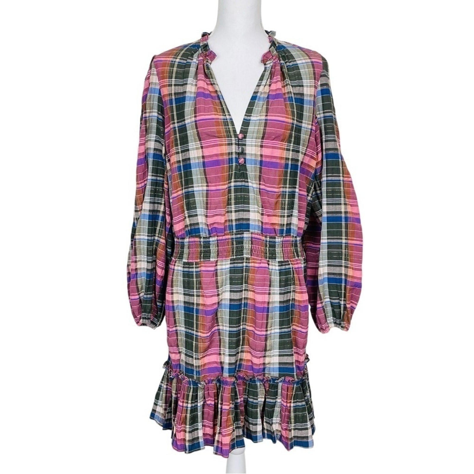 Veronica Beard Jeans Destiny Ruffled Metallic Checked Cotton Blend Mini Dress