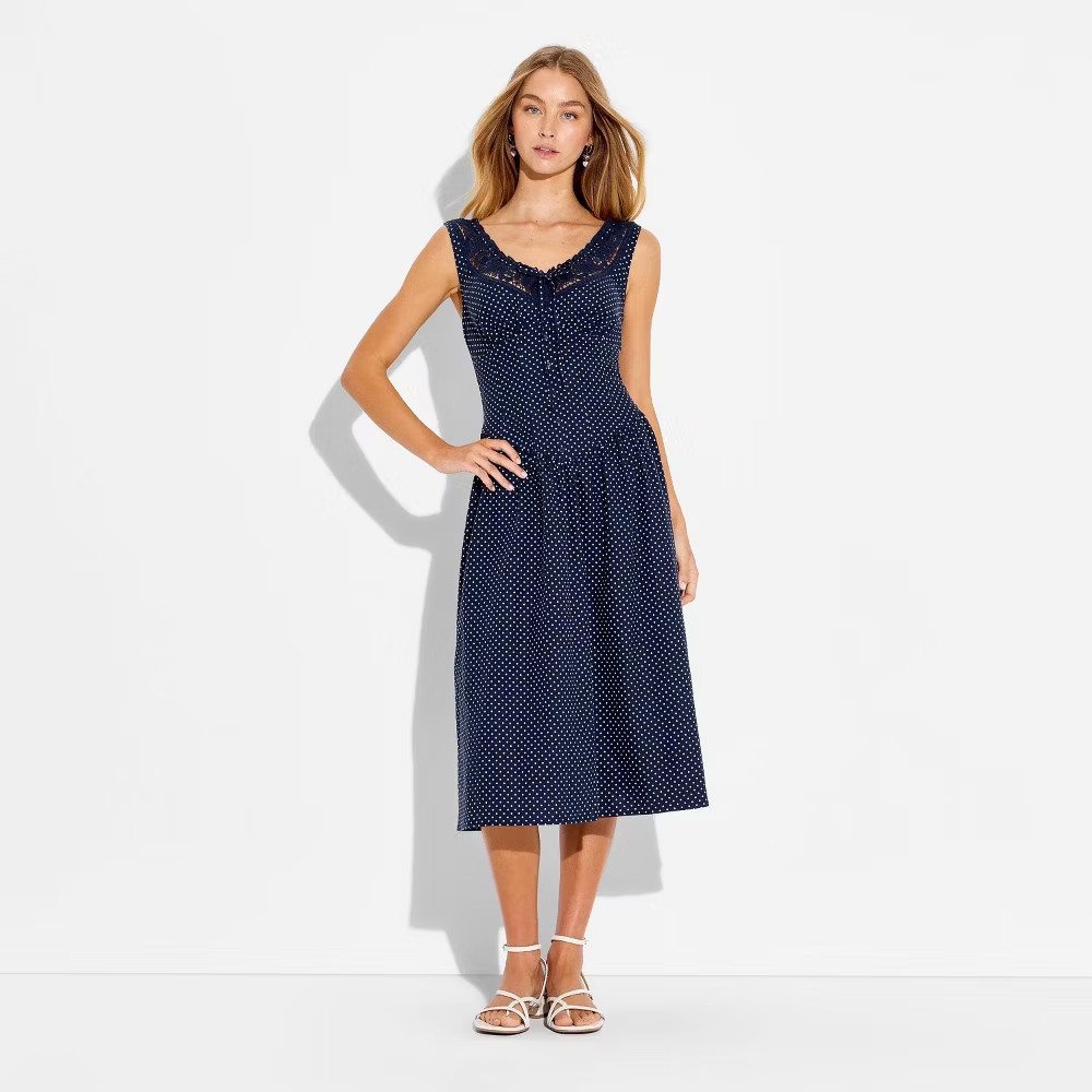 Women Button-Front Lace Midi Dress – Wild Fable Navy Blue Polka Dots