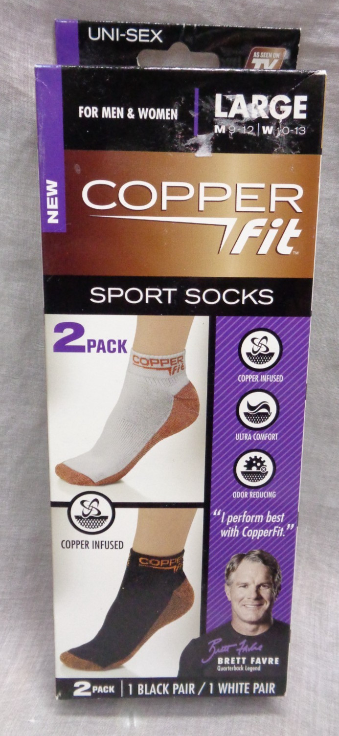 COPPER FIT Men Women SPORT SOCKS 2pk Black / White ~ LARGE M 9-12 W 10-13