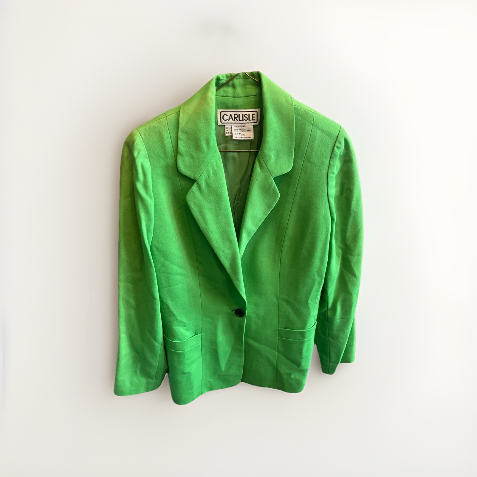 Vtg CARLISLE Apple Lime Green 100% Wool Blazer Jacket Size 2