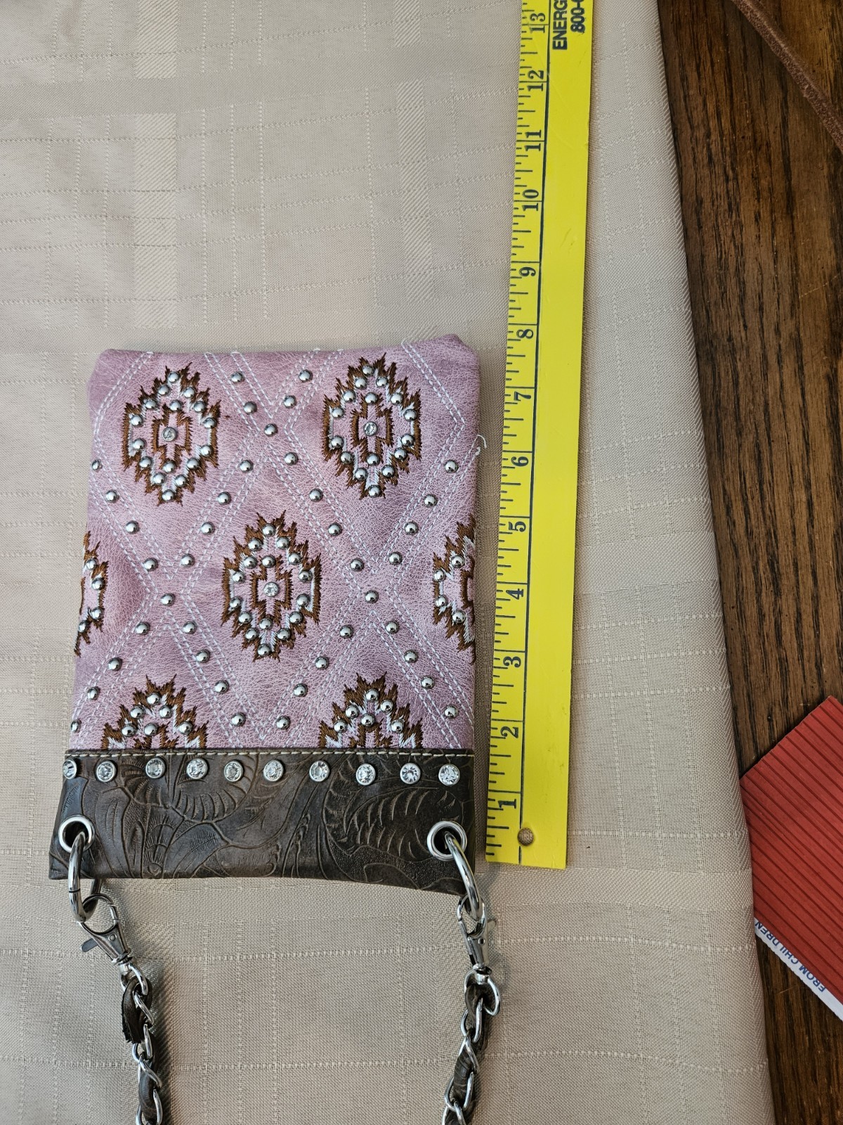 Women’s Pink Embroidered Studded Crossbody Bag Chain Strap Snap
