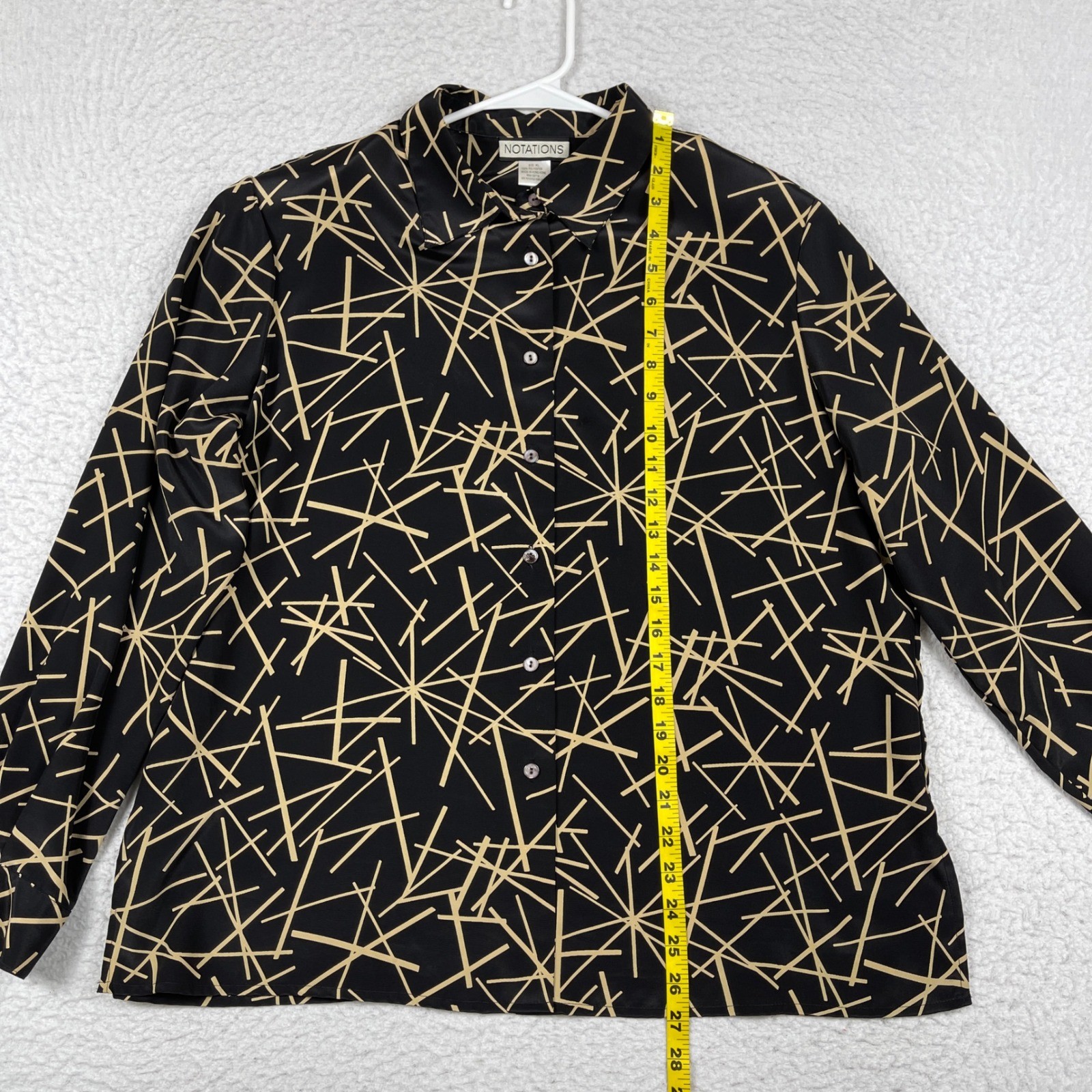 Notations Button Down Blouse Womens XL Black Tan Geometric Linear Shoulder Pads