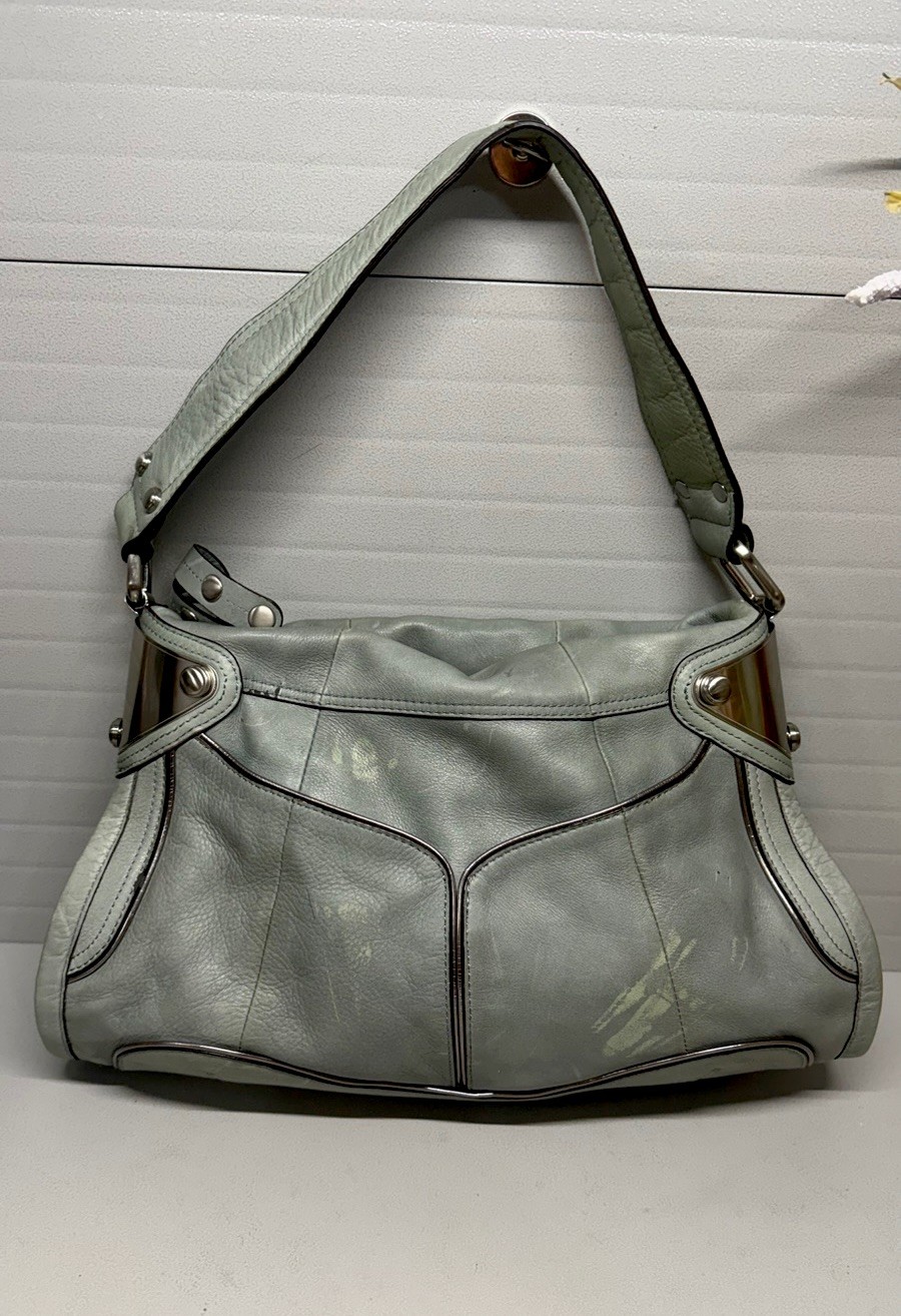 B. Makowsky Luxury Leather Shoulder Bag Medium Sage Green Metal Trim-Beautiful!